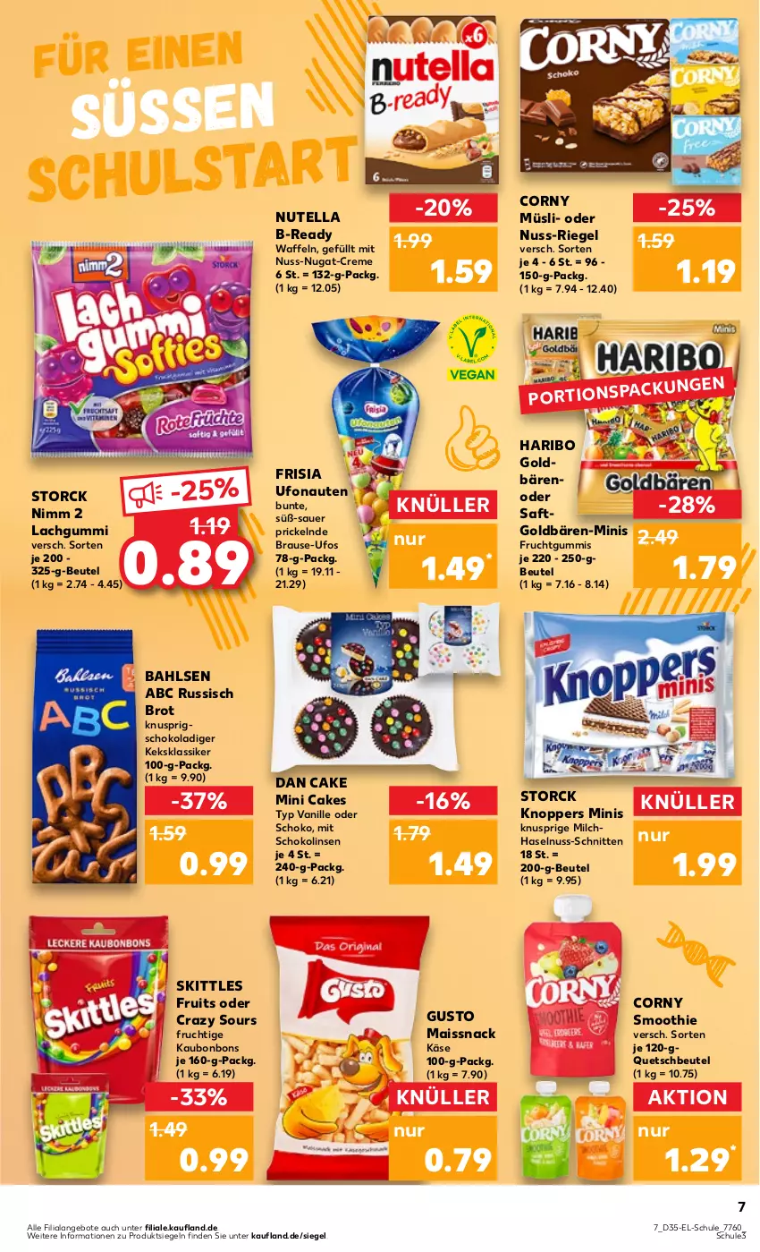 Aktueller Prospekt Kaufland - Kaufland - von 31.08 bis 13.09.2023 - strona 7 - produkty: angebot, angebote, auer, bahlsen, beutel, bonbons, brause, brot, corny, creme, frucht, fruchtgummi, fruchtgummis, goldbären, haribo, haselnuss, Käse, keks, knoppers, lachgummi, linsen, mais, milch, müsli, Nimm 2, nuss, nuss-nugat-creme, nutella, quetschbeutel, riegel, russisch brot, saft, schnitten, schoko, Schokolinsen, skittles, smoothie, snack, storck, Ti, vanille, waffeln