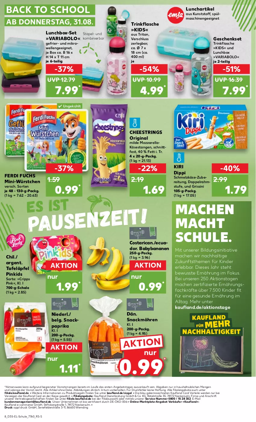 Aktueller Prospekt Kaufland - Kaufland - von 31.08 bis 13.09.2023 - strona 8 - produkty: angebot, angebote, banane, bananen, bio, dip, doppelrahmstufe, eis, elle, erde, ferdi fuchs, flasche, geschenkset, gin, grissini, Käse, Kinder, kiri, LG, lunchbox, mac, mikrowelle, Mini-Würstchen, möhren, mozzarella, paprika, rel, Ria, ring, Schal, Schale, Schmelzkäse, snack, spülmaschinen, String, tafeläpfel, Ti, trinkflasche, würstchen, ZTE