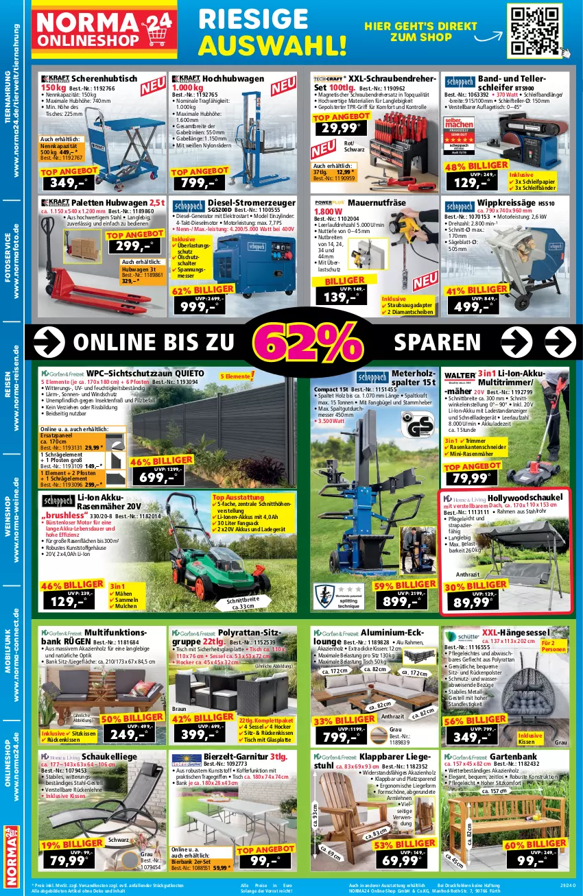 Aktueller Prospekt Norma - Norma - von 04.07 bis 21.07.2024 - strona 2 - produkty: adapter, akku, angebot, armlehnen, auer, Bank, bier, braun, Brei, bügel, Diesel, eis, Elektro, elle, ente, gabel, garnitur, Garten, gartenbank, glasplatte, hängesessel, hocker, hollywoodschaukel, Holz, Holzspalter, kissen, koffer, kraft, ladegerät, latte, LG, li-ion-akku, Liege, messer, Mode, ndk, Palette, paneel, papier, rasen, rasenmäher, reis, reiss, Ria, Rückenkissen, rückenlehne, rwe, sac, säge, Schal, Schaukel, Schaukelliege, Schere, Schleifpapier, schnellladegerät, schrauben, Schraubendreher, sekt, senf, sessel, sitzkissen, Stromerzeuger, stuhl, teller, Ti, tiernahrung, tisch, tragegriff, wasser, wein, weine, weinshop, Windschutz, Zelt