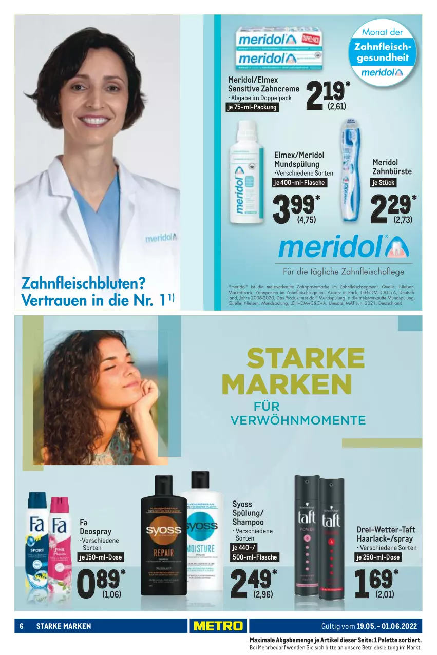 Aktueller Prospekt Metro - Starke Marken - von 19.05 bis 01.06.2022 - strona 6 - produkty: arla, bürste, creme, deo, deospray, elmex, flasche, Haarlack, lack, meridol, mundspülung, Palette, shampoo, spülung, syoss, Taft, Ti, Yo, zahnbürste, zahncreme