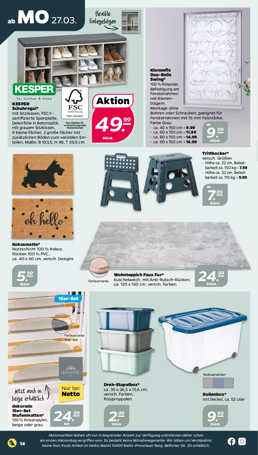 Aktueller Prospekt Netto - Woche 13 - von 27.03 bis 01.04.2023 - strona 14 - produkty: auer, decke, Deckel, fenster, hocker, kesper, kissen, kokos, Kuschelweich, latte, leine, regal, Ria, Rollenbox, schrauben, schuhregal, sitzkissen, Stufenmatten, teppich, Ti, uhr, ZTE