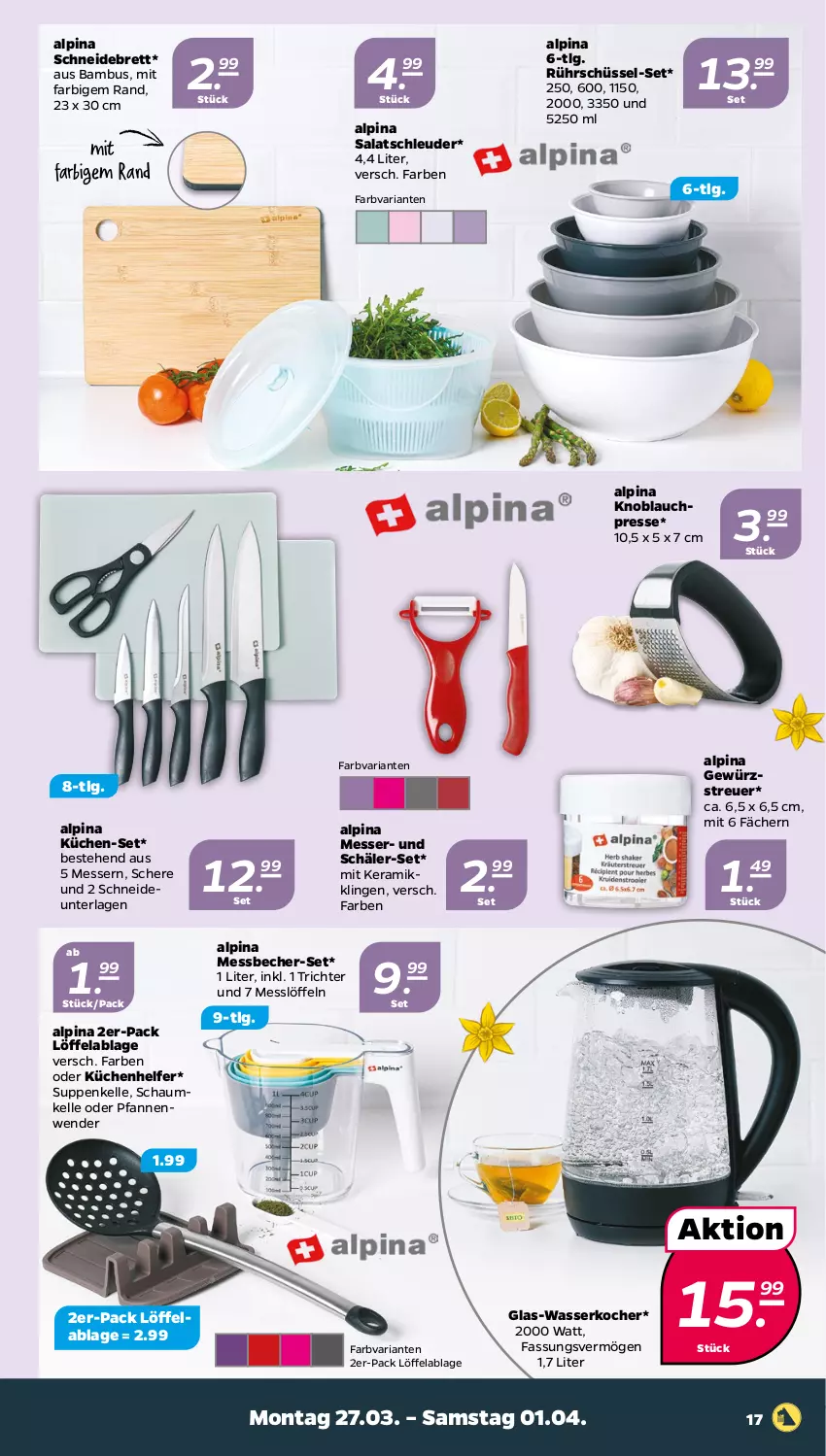 Aktueller Prospekt Netto - Woche 13 - von 27.03 bis 01.04.2023 - strona 17 - produkty: alpina, bambus, Becher, elle, gewürz, glas-wasserkocher, HP, knoblauch, Knoblauchpresse, Kocher, küche, Küchen, Küchenhelfer, LG, Löffel, Messbecher, messer, pfanne, pfannen, Pfannenwender, Ria, Rührschüssel, salat, Schere, schneidebrett, schüssel, suppe, suppen, Ti, wasser, wasserkocher