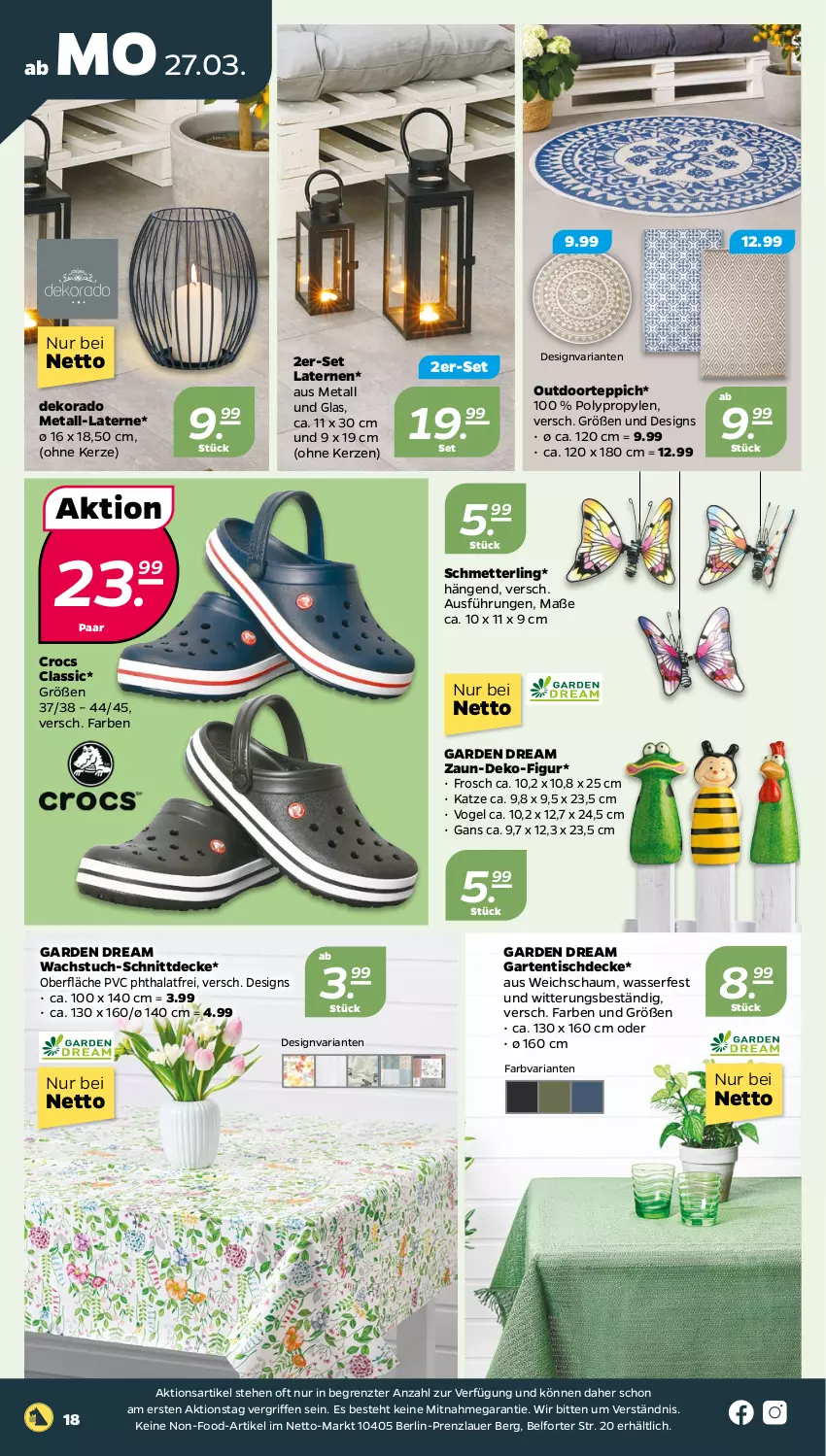 Aktueller Prospekt Netto - Woche 13 - von 27.03 bis 01.04.2023 - strona 18 - produkty: auer, decke, Frosch, Garten, gartentisch, kerze, laterne, Mett, Ria, Schmetterling, teppich, Ti, tisch, tischdecke, tuc, wachstuch, wasser, ZTE