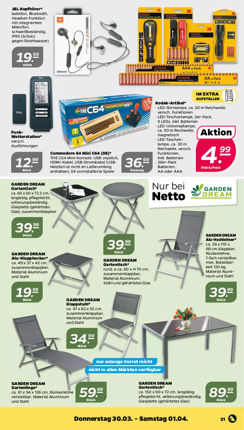 Aktueller Prospekt Netto - Woche 13 - von 27.03 bis 01.04.2023 - strona 21 - produkty: batterie, batterien, C64 Mini, Garten, gartenliege, gartentisch, glasplatte, HDMI, Headset, hocker, jbl, klappstuhl, kopfhörer, Lampe, latte, leds, Liege, Ria, rückenlehne, rum, Spiele, stuhl, Tasche, taschen, taschenlampe, Ti, tisch, usb, wasser, Wetterstation, ZTE