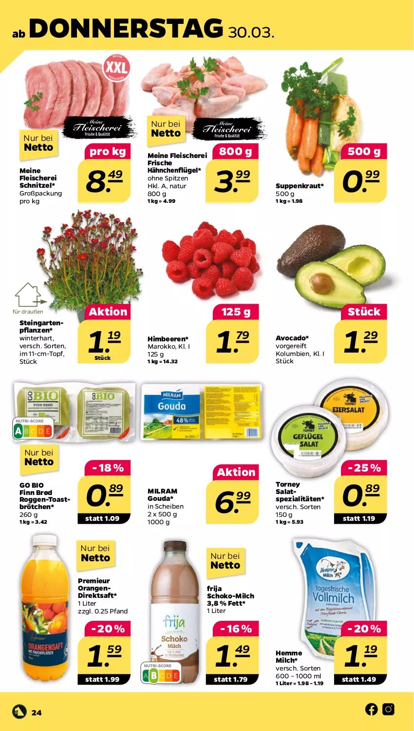 Aktueller Prospekt Netto - Woche 13 - von 27.03 bis 01.04.2023 - strona 24 - produkty: avocado, beere, beeren, bio, brötchen, direktsaft, eis, fleisch, Fleischerei, Frische Hähnchen, Garten, Gartenpflanze, gouda, himbeer, himbeere, himbeeren, Kraut, milch, milram, natur, orange, orangen, pflanze, pflanzen, saft, salat, Schere, schnitzel, schoko, Spezi, suppe, suppen, Ti, toast, topf