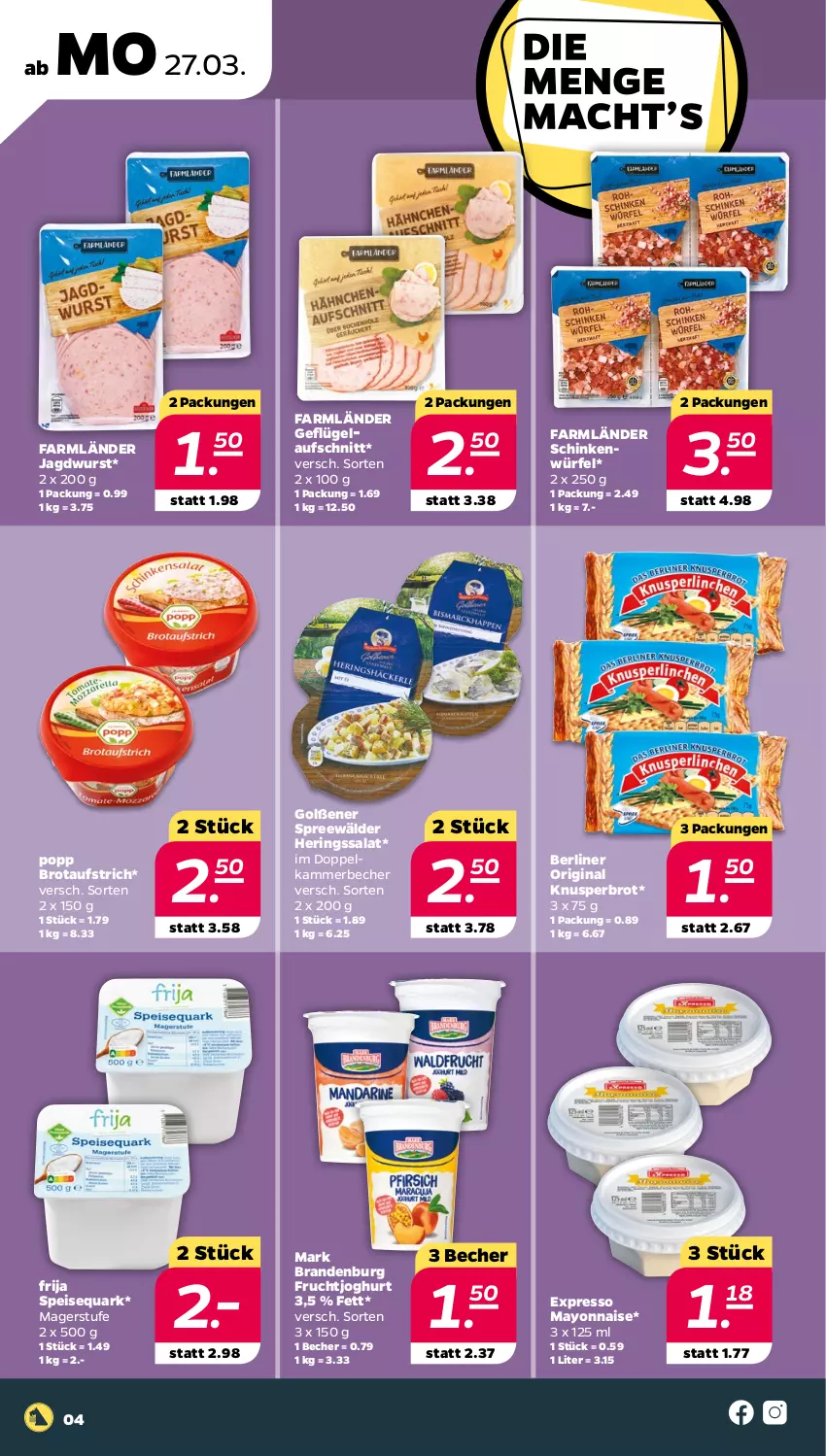 Aktueller Prospekt Netto - Woche 13 - von 27.03 bis 01.04.2023 - strona 4 - produkty: aufschnitt, aufstrich, Becher, berliner, brot, brotaufstrich, eis, frucht, fruchtjoghurt, Geflügel, gin, hering, Herings, jagdwurst, joghur, joghurt, mayonnaise, Popp, quark, ring, salat, schinken, speisequark, spreewälder, würfel, wurst, Yo