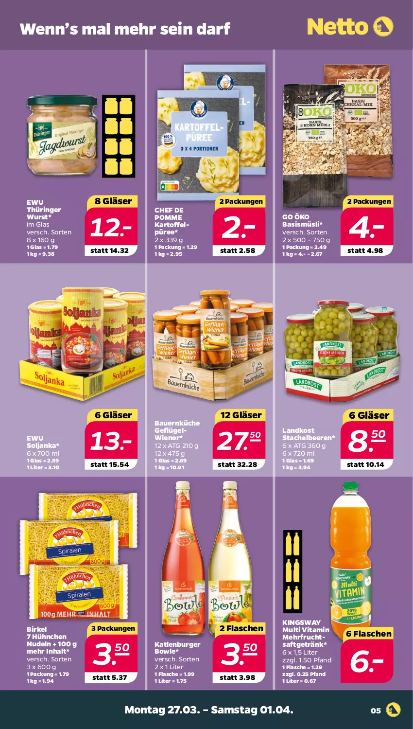 Aktueller Prospekt Netto - Woche 13 - von 27.03 bis 01.04.2023 - strona 5 - produkty: auer, Bau, Bauer, beere, beeren, birkel, bowle, burger, flasche, frucht, fruchtsaft, fruchtsaftgetränk, Geflügel, getränk, Gläser, gsw, kartoffel, Kartoffelpüree, katlenburger, küche, müsli, ndk, nudel, nudeln, püree, ring, saft, Stachelbeeren, Ti, vita, wiener, wurst