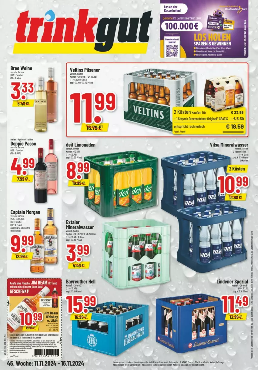 Aktueller Prospekt Trinkgut - Prospekte - von 10.11 bis 16.11.2024 - strona 1 - produkty: Alwa, angebot, Bau, bree, Cap, captain morgan, coupon, deit, eis, Extaler, fisch, fische, gin, grevensteiner, jim beam, LG, limo, limonade, limonaden, mineralwasser, pils, pilsener, reis, Spezi, steiner, Ti, veltins, veltins pilsener, vilsa, wasser, wein, weine, ZTE