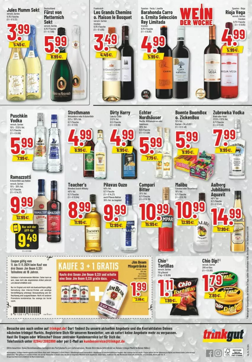 Aktueller Prospekt Trinkgut - Prospekte - von 10.11 bis 16.11.2024 - strona 6 - produkty: Aalborg, angebot, angebote, aqua, aquavit, auer, Brei, campari, coupon, dip, eis, elle, ente, fisch, fische, flasche, jim beam, Jubiläums, jules mumm, mais, Malibu, Mett, metternich, mumm, Nektar, ouzo, rama, ramazzott, ramazzotti, reis, rioja, sekt, telefon, Ti, tortilla, tortillas, vodka, zott, ZTE