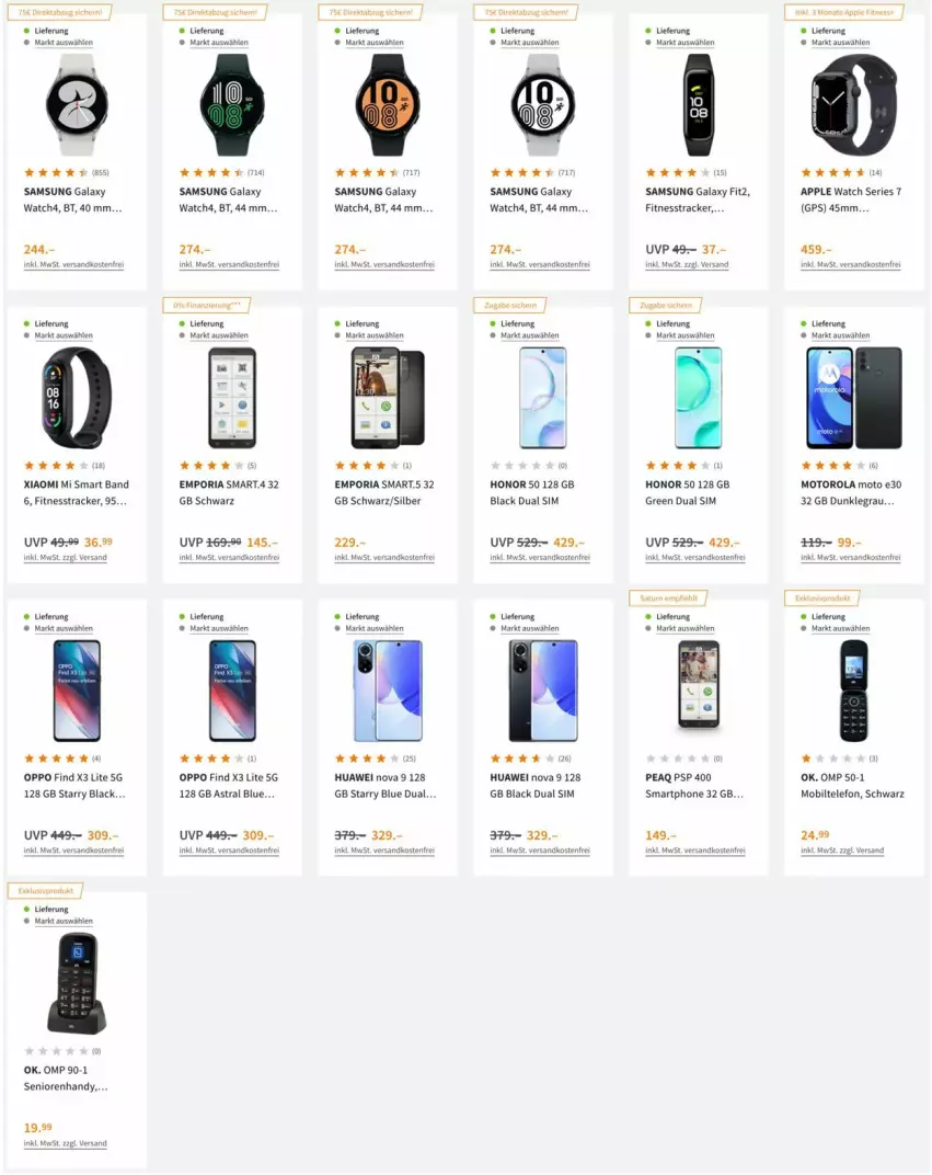 Aktueller Prospekt Saturn - Prospekte - von 23.02 bis 02.03.2022 - strona 4 - produkty: Apple, Apple Watch, Apple Watch SE, Astra, Dual SIM, fitnesstracker, GPS, Handy, Honor, huawei, lack, motorola, ndk, Oppo, Ria, Samsung, samsung galaxy, Samsung Galaxy S, sim, smartphone, telefon