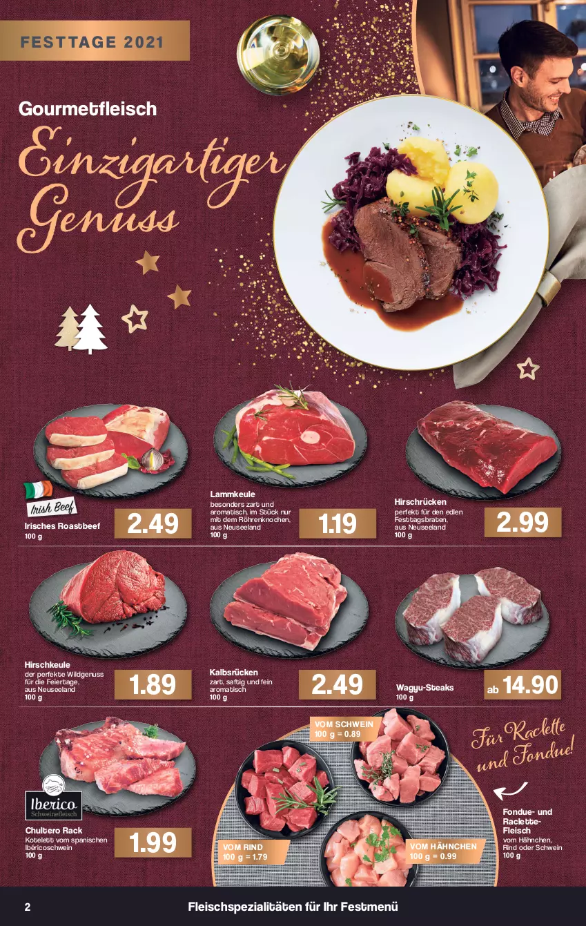 Aktueller Prospekt Famila - Prospekte - von 20.12 bis 24.12.2021 - strona 2 - produkty: beef, braten, eier, eis, Elan, fleisch, Fondue, kotelett, lamm, lammkeule, nuss, rind, roastbeef, saft, schwein, Spezi, steak, steaks, Ti, tisch, wein, Wild