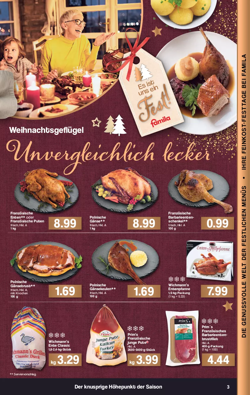 Aktueller Prospekt Famila - Prospekte - von 20.12 bis 24.12.2021 - strona 3 - produkty: brustfilet, ente, Entenbrust, Entenschenkel, filet, Gänsebrust, Gänsekeulen, Geflügel, henkel, pfanne, pute, schenkel