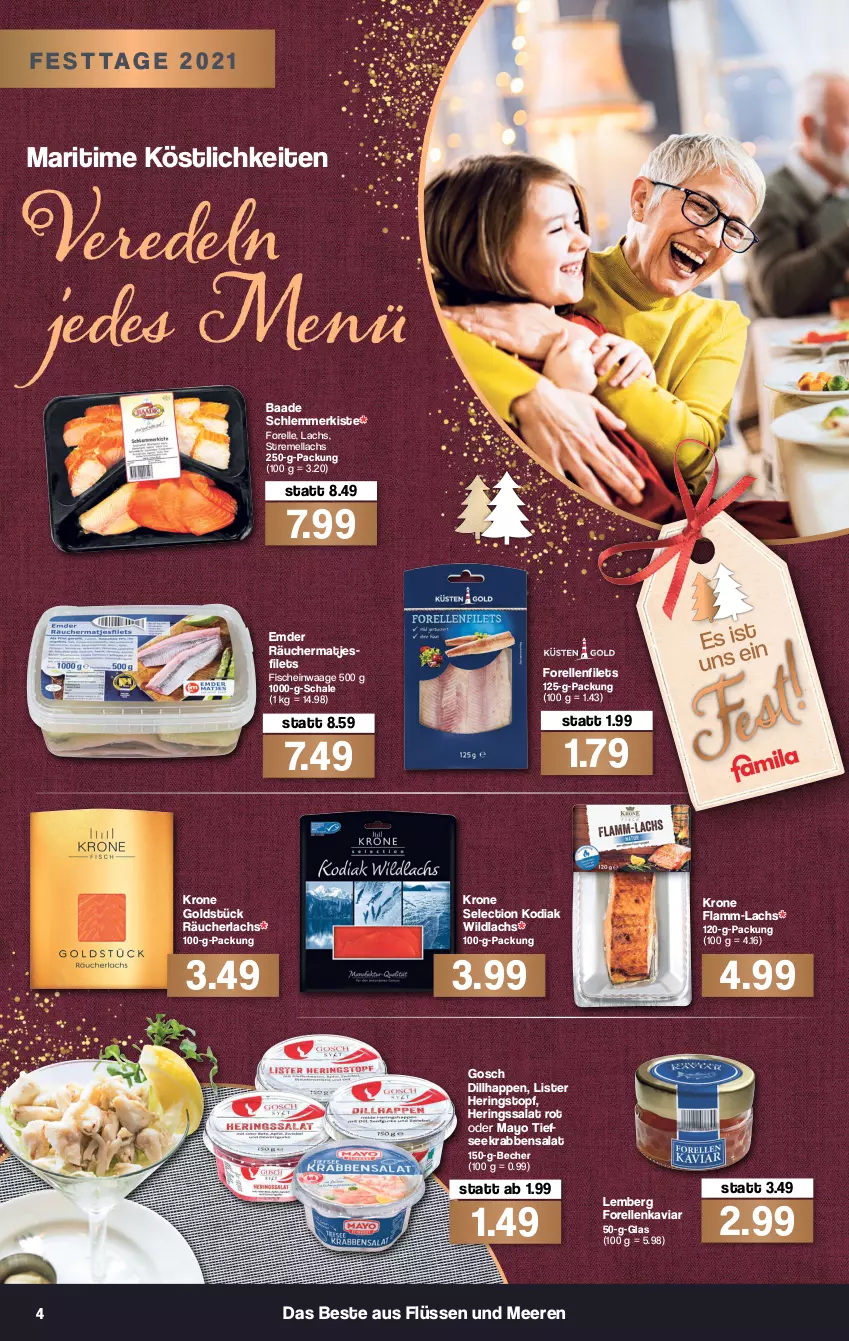 Aktueller Prospekt Famila - Prospekte - von 20.12 bis 24.12.2021 - strona 4 - produkty: Becher, elle, filet, filets, fisch, fische, forelle, hering, Herings, krone, lachs, lamm, matjes, Matjesfilet, matjesfilets, Räucherlachs, rel, ring, salat, Schal, Schale, Ti, topf, Waage, Wild, wildlachs, Yo