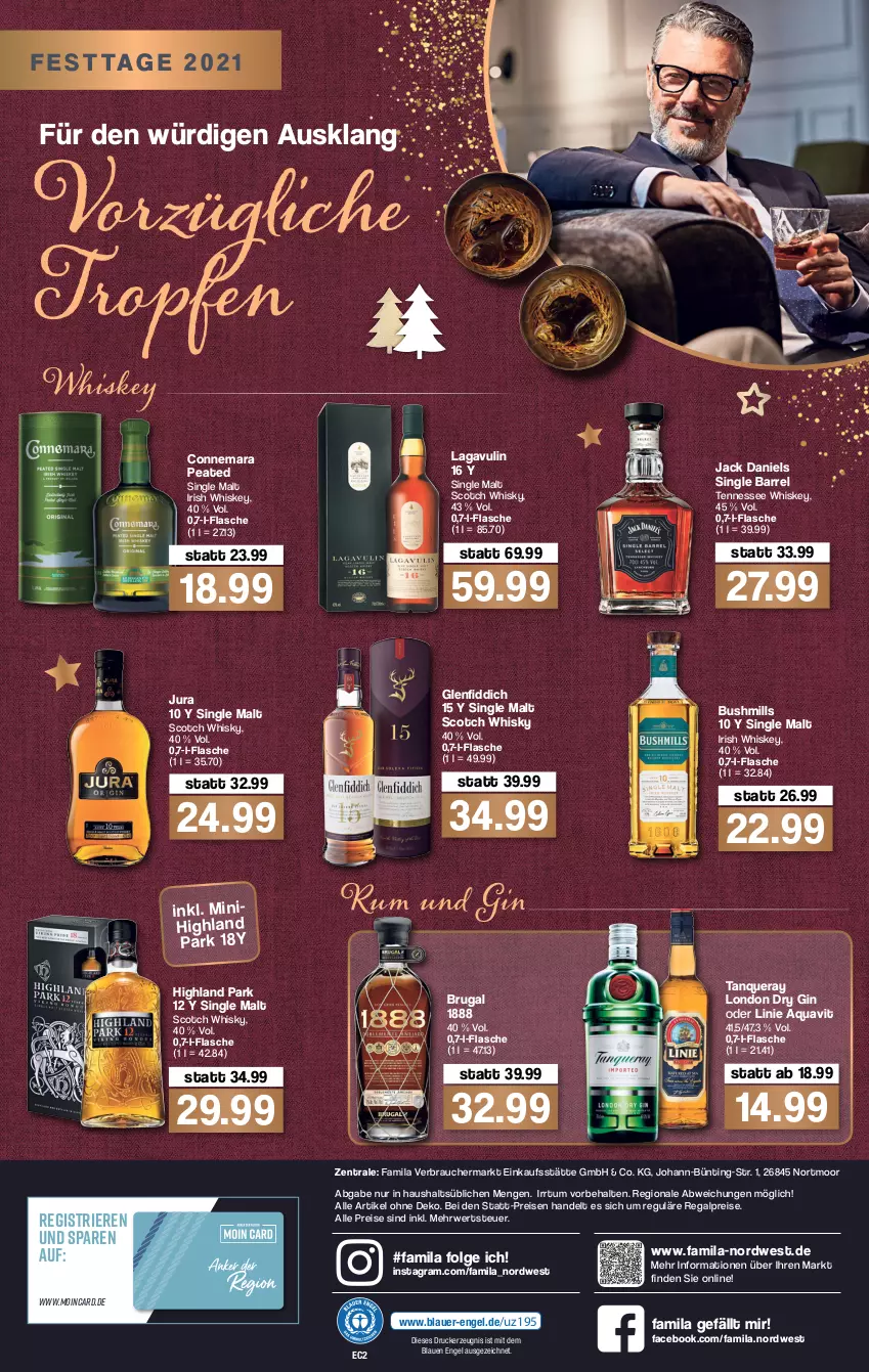 Aktueller Prospekt Famila - Prospekte - von 20.12 bis 24.12.2021 - strona 8 - produkty: aqua, aquavit, auer, drucker, dry gin, eis, Engel, flasche, gin, irish whiskey, jack daniel, jack daniels, Jura, kerze, LG, london dry, london dry gin, Rauch, regal, reis, rel, rum, rwe, scotch, scotch whisky, single malt, Tanqueray, tennessee whiskey, Ti, whiskey, whisky