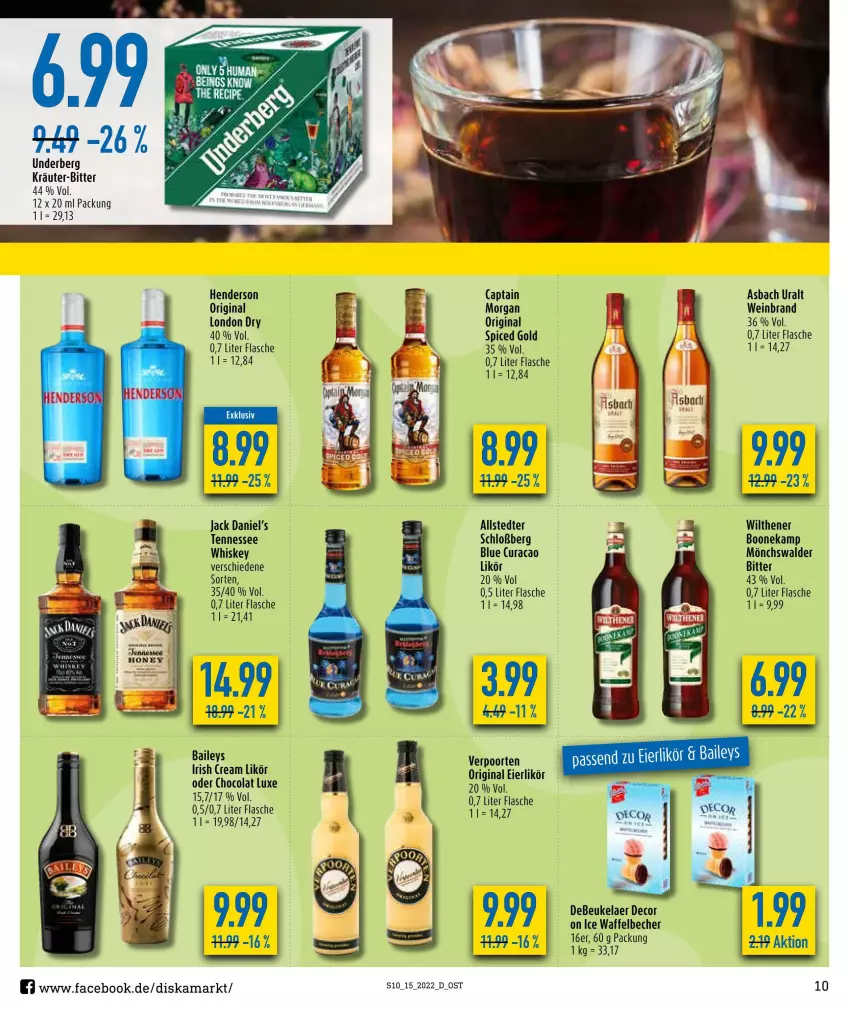 Aktueller Prospekt Diska - Prospekte - von 11.04 bis 16.04.2022 - strona 10 - produkty: asbach uralt, baileys, Becher, Cap, cola, debeukelaer, decor, eier, eierlikör, enders, flasche, gin, irish cream, jack daniel, jack daniel's, kräuter, likör, london dry, Ti, wein, weinbrand, whiskey, wilthener