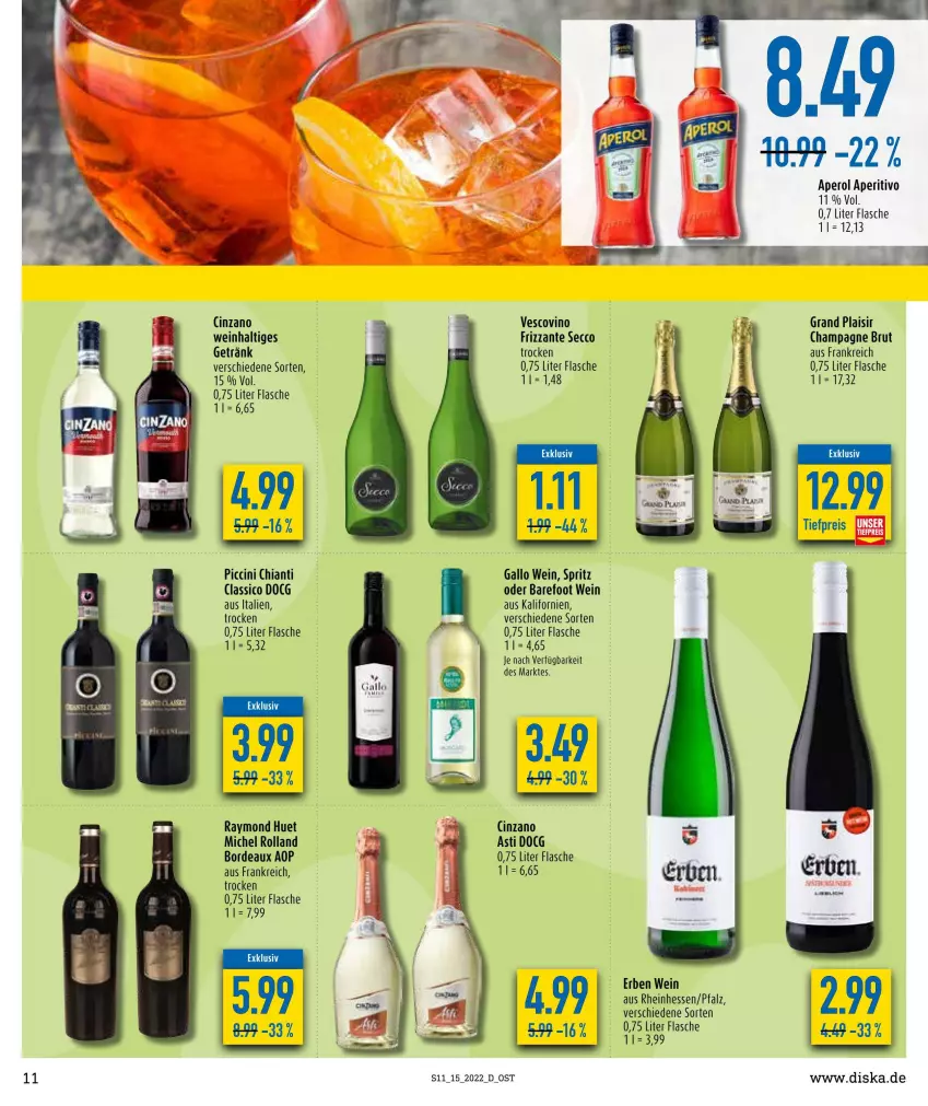 Aktueller Prospekt Diska - Prospekte - von 11.04 bis 16.04.2022 - strona 11 - produkty: aperol, asti, brut, champagne, chia, chianti, cin, cinzano, classico, ecco, eis, flasche, frizzante, gallo, getränk, reis, Ti, tiefpreis, vescovino, wein