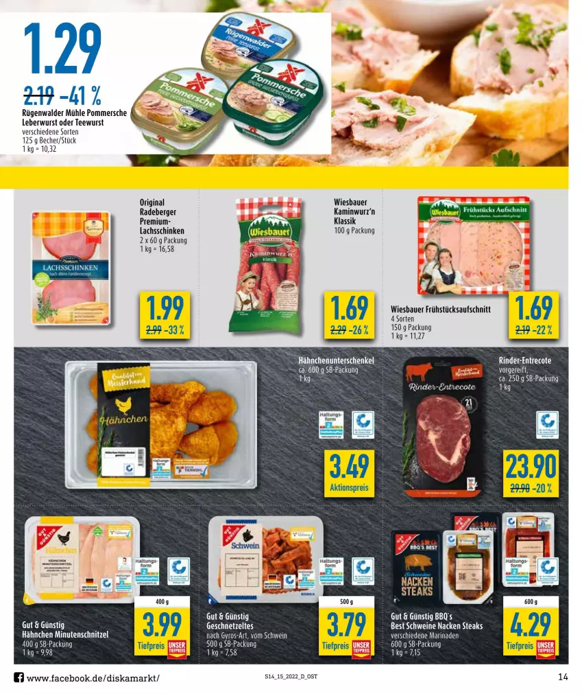 Aktueller Prospekt Diska - Prospekte - von 11.04 bis 16.04.2022 - strona 14 - produkty: auer, aufschnitt, Bau, Bauer, Becher, Berger, bett, eier, eis, geschnetzeltes, gin, gyros, Kamin, Kaminwurz, lachs, lachsschinken, leberwurst, minutenschnitzel, Pommersche, radeberger, reis, rind, rinder, rügenwalder, rügenwalder mühle, schinken, schnitzel, schwein, schweine, steak, steaks, tee, teewurst, Ti, tiefpreis, wein, weine, wiesbauer, wurst, Zelt