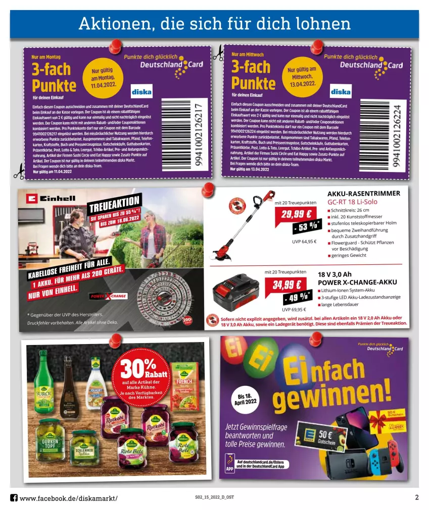 Aktueller Prospekt Diska - Prospekte - von 11.04 bis 16.04.2022 - strona 2 - produkty: akku, auer, buch, coupon, deutschlandcard, eis, elle, erde, gewinnspiel, guthabenkarte, gutschein, kraft, LG, messer, Mett, milch, pflanze, pflanzen, rasen, rasentrimmer, reis, ring, ritter, Sushi, Tchibo, tee, telefon, Teleskop, teller, Ti, Tiere