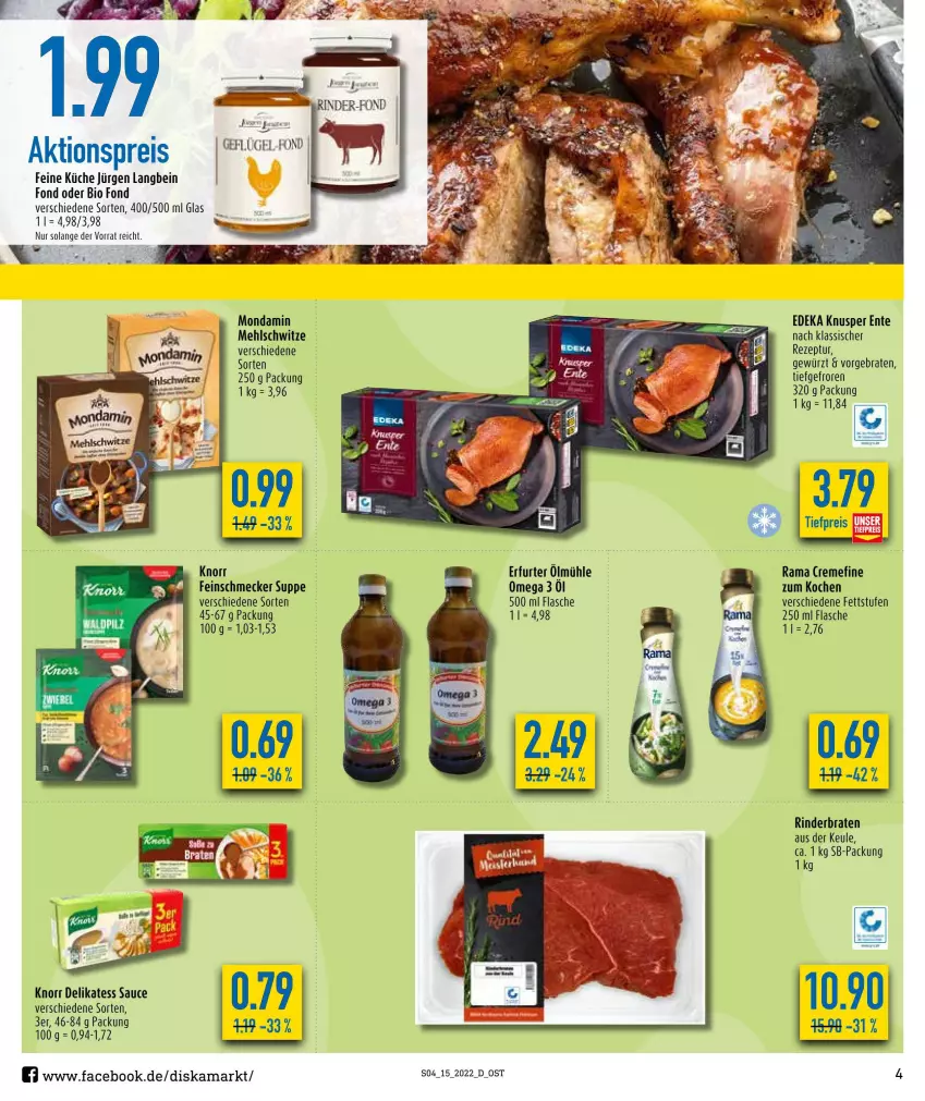 Aktueller Prospekt Diska - Prospekte - von 11.04 bis 16.04.2022 - strona 4 - produkty: aktionspreis, bio, braten, deka, delikatess sauce, eis, ente, feinschmecker, flasche, Geflügel, gewürz, knorr, küche, mehl, mondamin, omega, rama, reis, rezept, rind, rinder, rinderbraten, sauce, suppe, Ti, tiefpreis