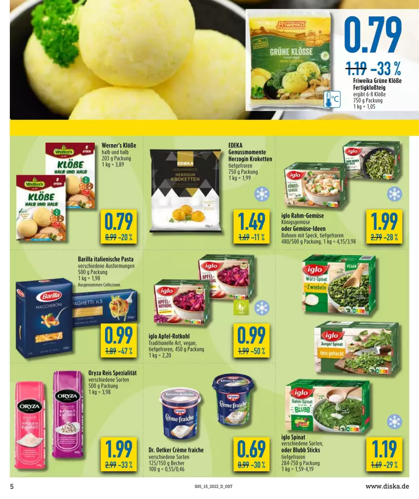 Aktueller Prospekt Diska - Prospekte - von 11.04 bis 16.04.2022 - strona 5 - produkty: apfel, barilla, Becher, bohne, bohnen, creme, deka, Dr. Oetker, eis, elle, ente, gin, iglo, italienische pasta, Kette, Kroketten, nuss, oryza, pasta, rahm-gemüse, reis, rotkohl, Speck, Spezi, spinat, Ti