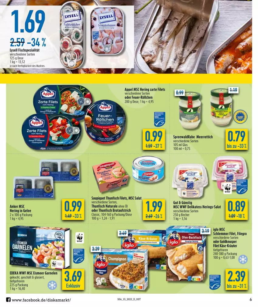 Aktueller Prospekt Diska - Prospekte - von 11.04 bis 16.04.2022 - strona 6 - produkty: aufstrich, Becher, brot, brotaufstrich, deka, eis, filegro, filet, filets, fisch, garnelen, gelee, hering, Herings, iglo, kräuter, lysell, meerrettich, natur, natura, Rettich, ring, salat, saupiquet, Spezi, thunfisch, thunfisch filets, Ti