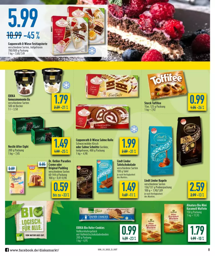 Aktueller Prospekt Diska - Prospekte - von 11.04 bis 16.04.2022 - strona 8 - produkty: after eight, Becher, bier, coppenrath, creme, Dr. Oetker, eier, eierlikör, eis, ente, gin, hafer, karamell, kirsch, korn, Kugel, likör, lindor, lindt, natur, nuss, pudding, sahne, schoko, schokolade, storck, tafelschokolade, Ti, toffifee, waffeln