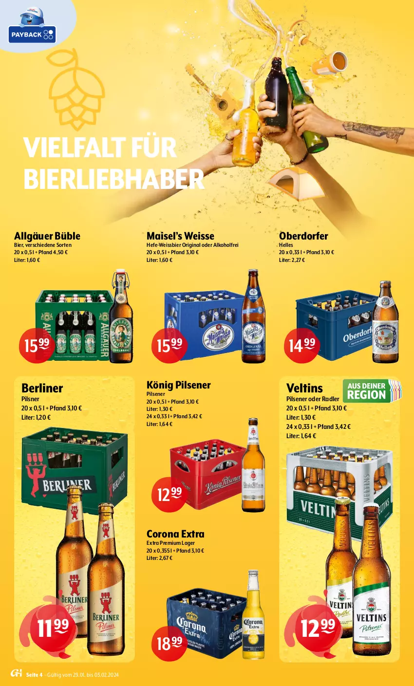 Aktueller Prospekt Getraenke Hoffmann - Prospekte - von 29.01 bis 03.02.2024 - strona 4 - produkty: alkohol, altenburger, Altenmünster, Berger, berliner, bier, burger, corona, corona extra, eis, elle, ente, getränk, getränke, gin, Hefe, jever, könig pilsener, köstritzer, LG, mais, oder radler, Paula, paulaner, pils, pilsener, pilsner, pilsner urquell, premium pils, radeberger, radler, Spaten, Ti, veltins, weissbier, WICK