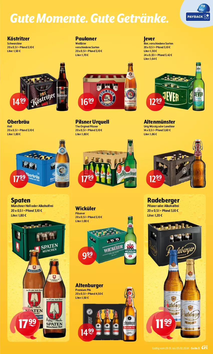 Aktueller Prospekt Getraenke Hoffmann - Prospekte - von 29.01 bis 03.02.2024 - strona 5 - produkty: alkohol, altenburger, Altenmünster, Berger, berliner, bier, burger, corona, corona extra, eis, elle, ente, getränk, getränke, gin, Hefe, jever, könig pilsener, köstritzer, LG, mais, oder radler, Paula, paulaner, pils, pilsener, pilsner, pilsner urquell, premium pils, radeberger, radler, Spaten, Ti, veltins, weissbier, WICK