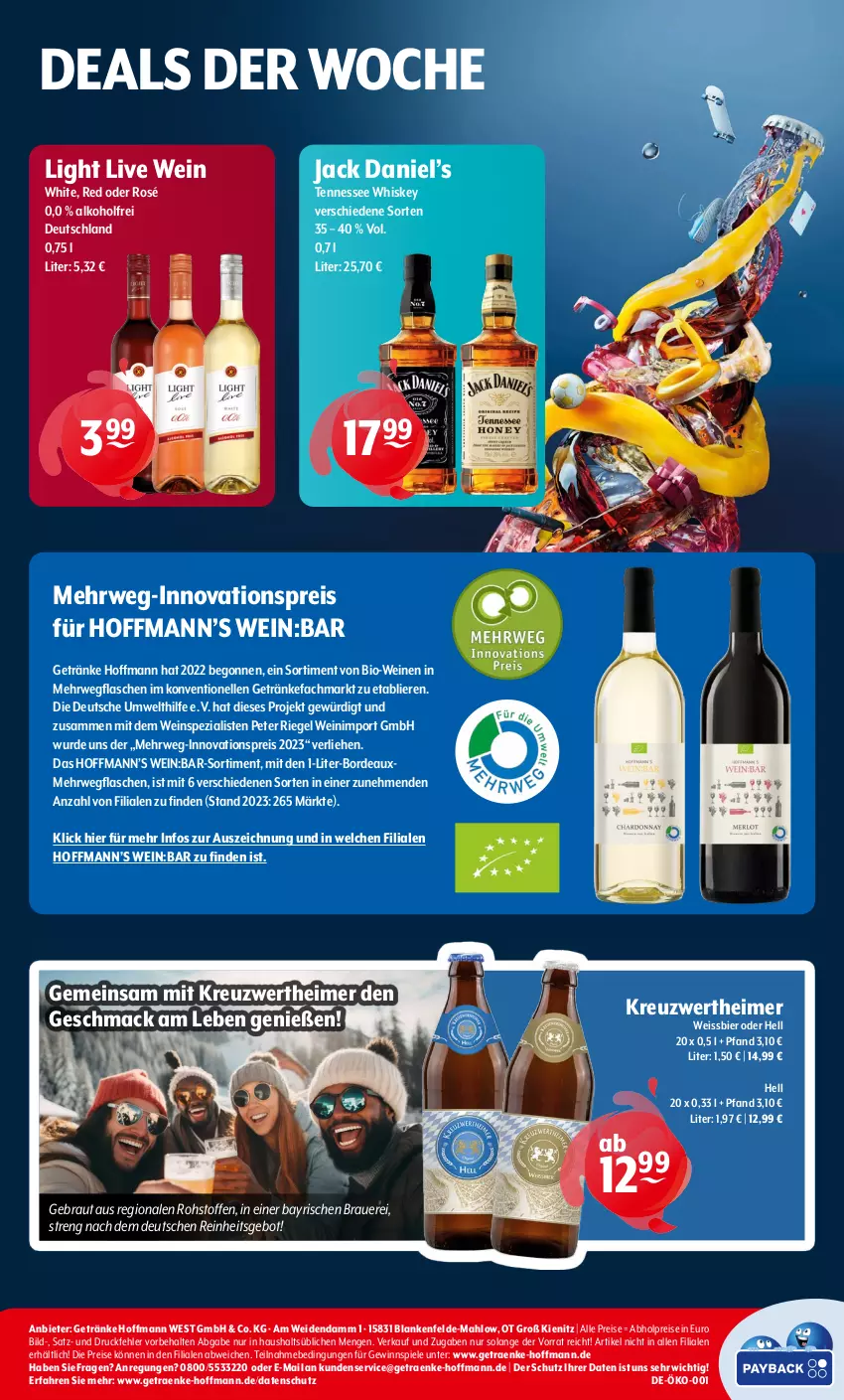 Aktueller Prospekt Getraenke Hoffmann - Prospekte - von 29.01 bis 03.02.2024 - strona 6 - produkty: abholpreise, alkohol, auer, bier, bio, Bio-Wein, eimer, eis, elle, flasche, getränk, getränke, gewinnspiel, jack daniel, Jack Daniel’s, mac, reis, riegel, rwe, Spezi, Spiele, tennessee whiskey, Ti, wein, weine, weissbier, whiskey