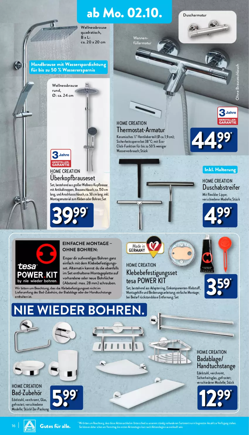 Aktueller Prospekt Aldi Nord - Von Montag - von 02.10 bis 07.10.2023 - strona 16 - produkty: adapter, armatur, Bad, Bebe, brause, brauseschlauch, dell, edelstahl, elle, ente, Germ, gin, handbrause, handtuch, latte, Mode, quad, Rauch, Ria, ring, schlauch, schrauben, tesa, thermostat, Ti, tisch, tuc, Wanne, wasser, ZTE