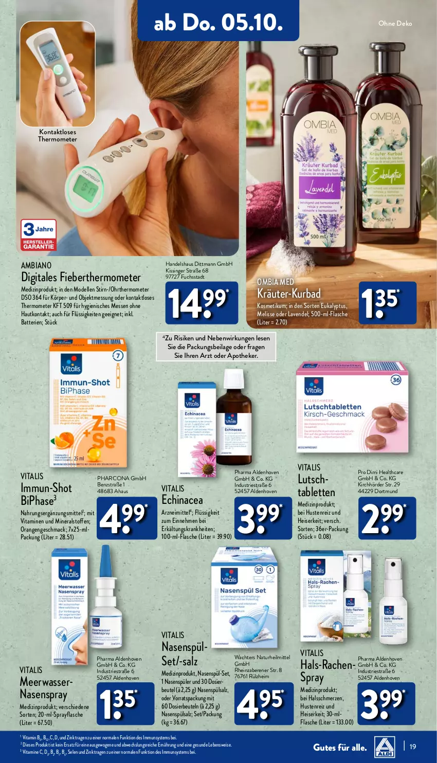 Aktueller Prospekt Aldi Nord - Von Montag - von 02.10 bis 07.10.2023 - strona 19 - produkty: ambia, Apotheke, Bad, batterie, batterien, beutel, dell, dittmann, Echinacea, eis, elle, Erkältungs, flasche, heinz, ilag, kosmetik, kräuter, lavendel, mac, medizinprodukt, Meerwasser, Mode, Nasenspray, natur, orange, orangen, salz, tablet, tablett, Tablette, thermometer, Ti, vita, vitalis, Vitamin B, Vitamine, wasser