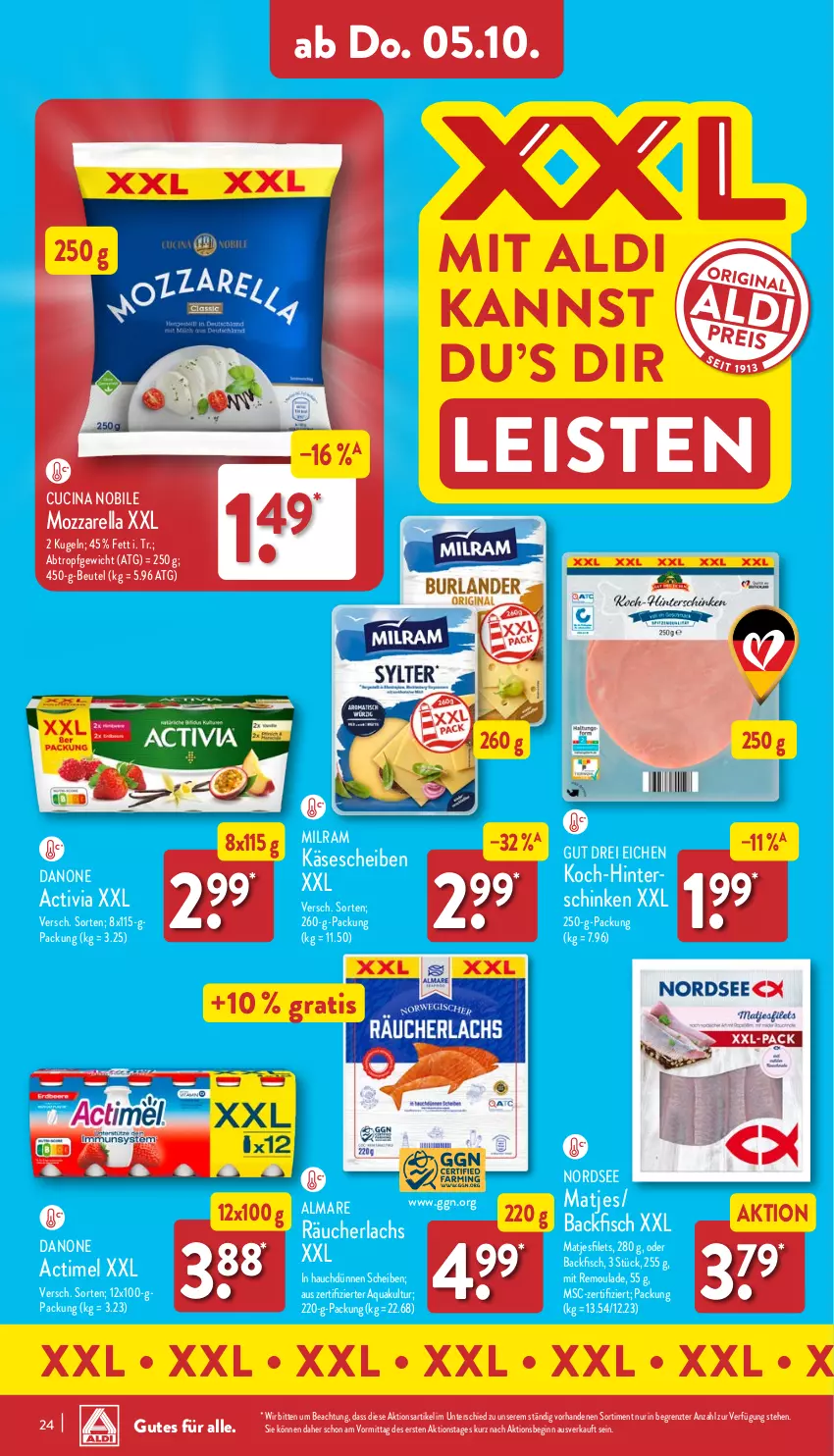 Aktueller Prospekt Aldi Nord - Von Montag - von 02.10 bis 07.10.2023 - strona 24 - produkty: actimel, activia, aldi, almare, aqua, backfisch, beutel, cin, danone, danone activia, eis, filet, filets, fisch, gin, hinterschinken, Käse, Kugel, lachs, matjes, Matjesfilet, matjesfilets, milram, mozzarella, Nordsee, rel, remoulade, schinken, Ti, ZTE