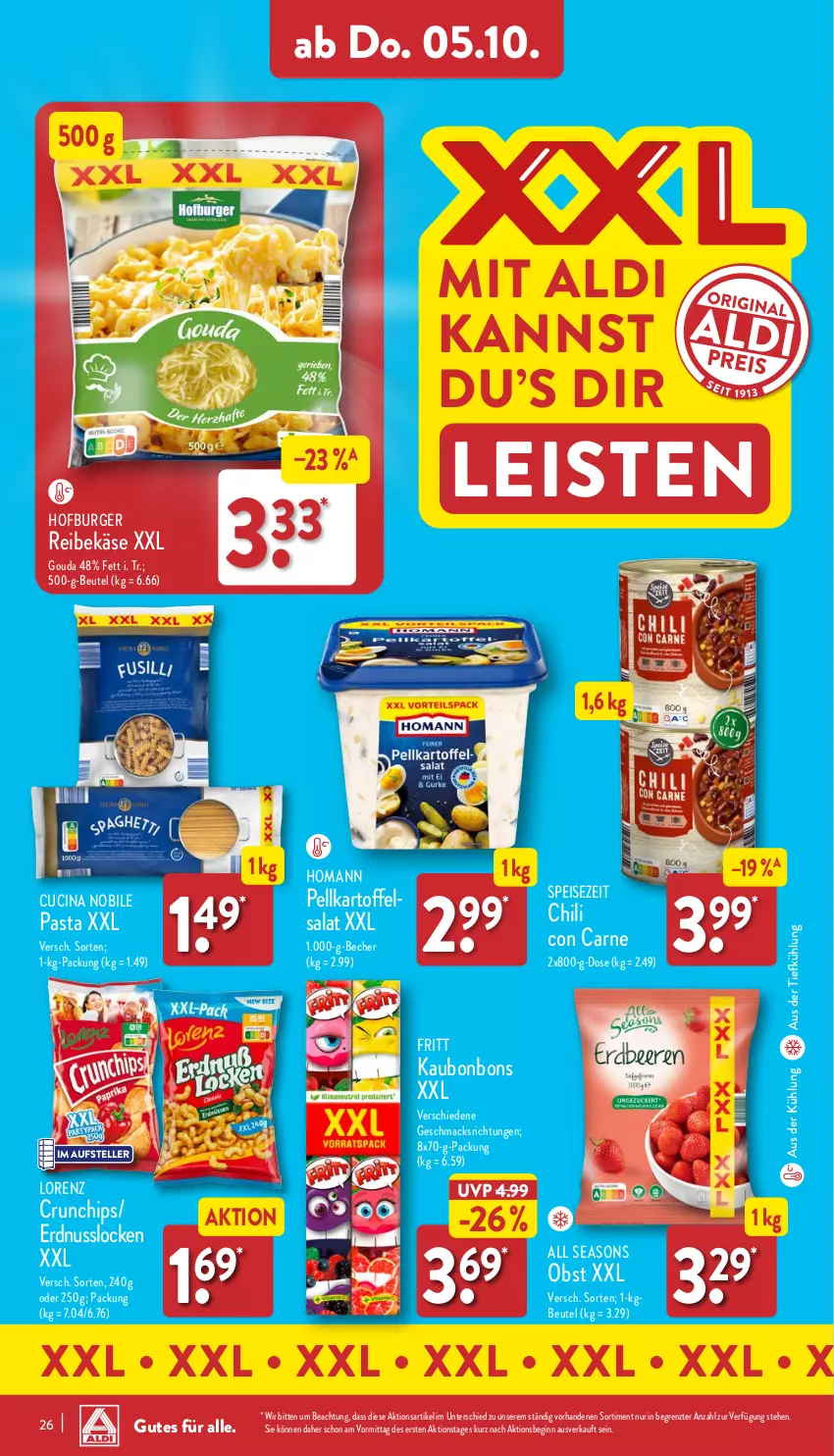 Aktueller Prospekt Aldi Nord - Von Montag - von 02.10 bis 07.10.2023 - strona 26 - produkty: aldi, aus der tiefkühlung, Becher, beutel, bonbons, burger, chili, chips, cin, crunchips, eis, elle, erdnuss, gin, gouda, homann, kartoffel, Käse, lorenz, lorenz crunchips, mac, nuss, obst, pasta, Reibekäse, salat, teller, Ti, ZTE