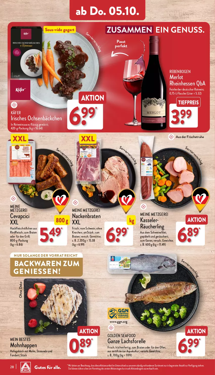 Aktueller Prospekt Aldi Nord - Von Montag - von 02.10 bis 07.10.2023 - strona 28 - produkty: aqua, backwaren, braten, cevapcici, eis, elle, filet, flasche, fleisch, forelle, gewürz, gin, grill, hackfleisch, Hefe, käfer, kasseler, küche, Küchen, lachs, merl, merlot, nuss, Ofen, Räucherling, reis, rel, rind, rindfleisch, rotwein, sauce, schwein, schweine, schweinefilet, Ti, tiefpreis, wein, weine, ZTE