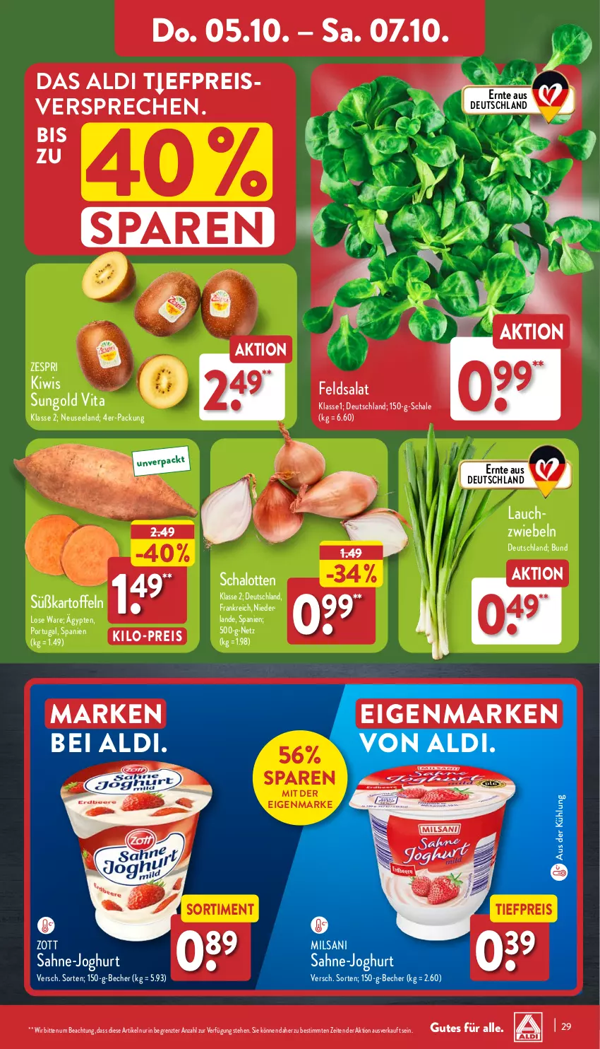 Aktueller Prospekt Aldi Nord - Von Montag - von 02.10 bis 07.10.2023 - strona 29 - produkty: aldi, Becher, eis, Elan, feldsalat, joghur, joghurt, kartoffel, kartoffeln, kiwi, reis, sahne, salat, Schal, Schale, Schalotte, Süßkartoffeln, Ti, tiefpreis, vita, zespri, zott, ZTE, zwiebel, zwiebeln