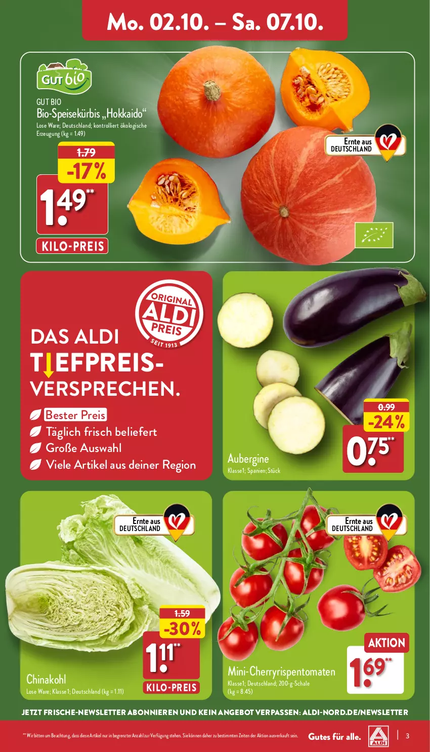 Aktueller Prospekt Aldi Nord - Von Montag - von 02.10 bis 07.10.2023 - strona 3 - produkty: aldi, angebot, aubergine, bio, eis, gin, Kürbis, reis, Schal, Schale, Ti, tomate, tomaten, trolli, ZTE