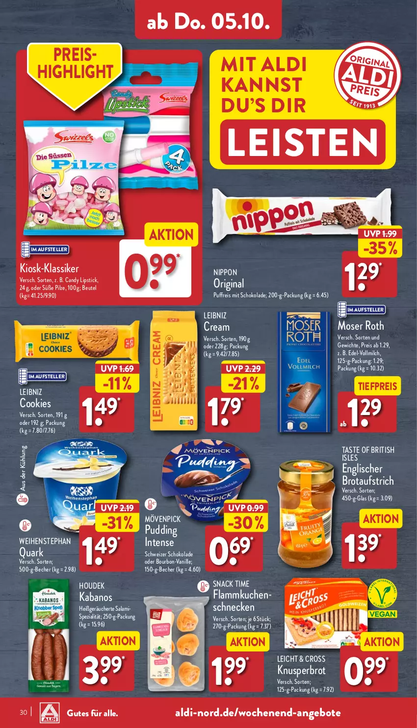 Aktueller Prospekt Aldi Nord - Von Montag - von 02.10 bis 07.10.2023 - strona 30 - produkty: aldi, angebot, angebote, aufstrich, Becher, beutel, bourbon, brot, brotaufstrich, cookie, cookies, eis, elle, flammkuchen, gin, houdek, kabanos, kuchen, lamm, leibniz, Lipstick, milch, moser, Moser Roth, mövenpick, nippon, pilze, pudding, quark, reis, salami, schoko, schokolade, snack, snack time, Spezi, teller, Ti, tiefpreis, vanille, vollmilch, weihenstephan