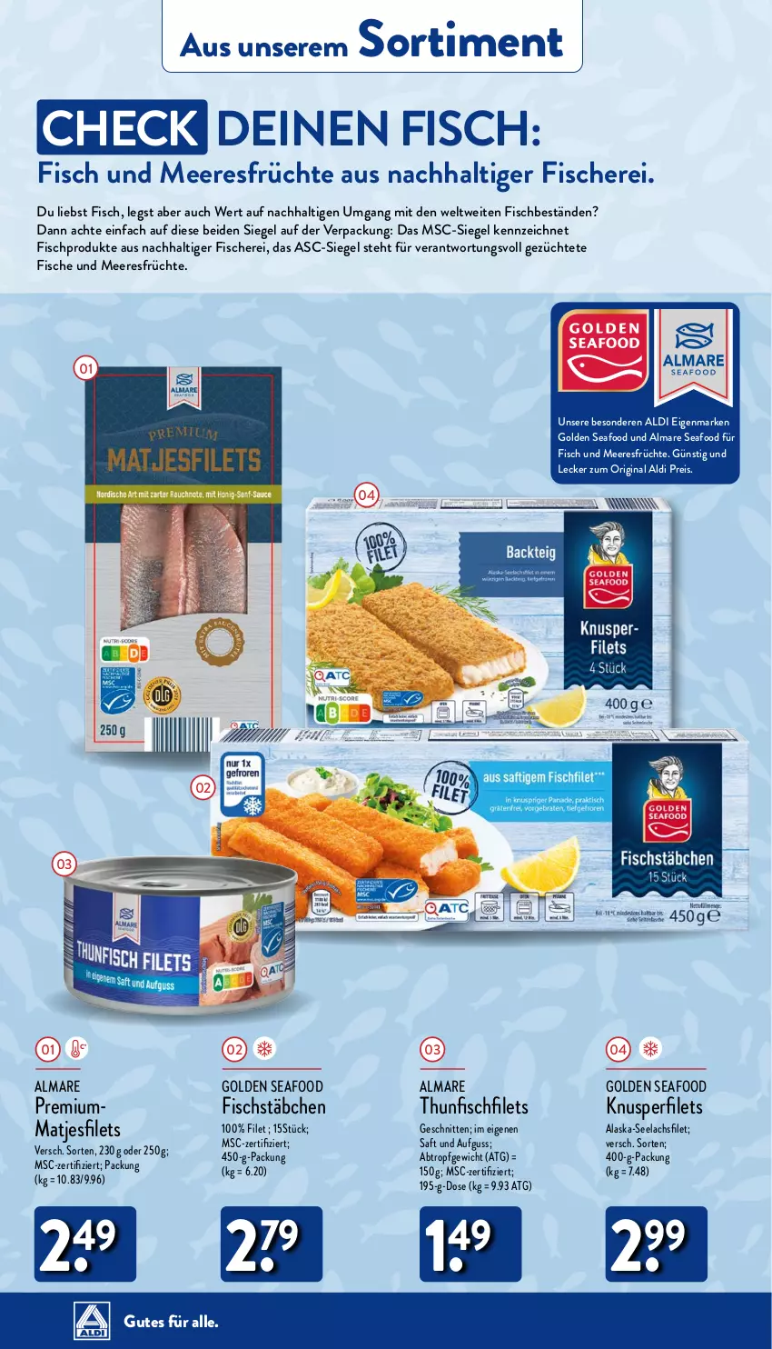 Aktueller Prospekt Aldi Nord - Von Montag - von 02.10 bis 07.10.2023 - strona 36 - produkty: Alaska-Seelachs, Alaska-Seelachsfilet, aldi, almare, eis, filet, filets, fisch, Fisch und Meeresfrüchte, fische, Fischer, fischstäbchen, früchte, gin, HP, lachs, lachsfilet, matjes, Matjesfilet, matjesfilets, meeresfrüchte, reis, saft, Schere, schnitten, seelachsfilet, thunfisch, Ti