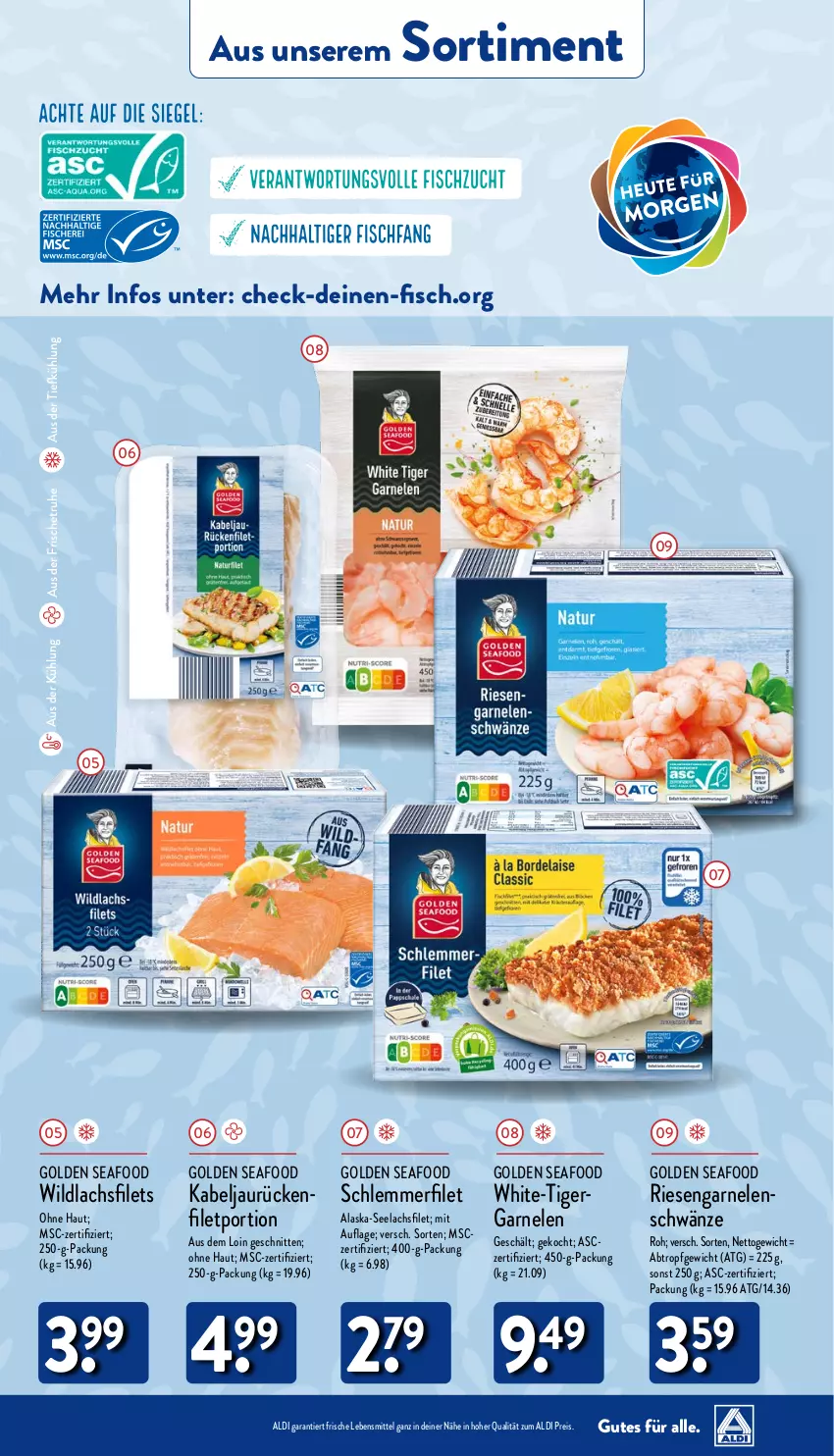 Aktueller Prospekt Aldi Nord - Von Montag - von 02.10 bis 07.10.2023 - strona 37 - produkty: Alaska-Seelachs, Alaska-Seelachsfilet, aldi, aus der tiefkühlung, eis, filet, filets, fisch, garnelen, lachs, lachsfilet, lachsfilets, lebensmittel, reis, riesengarnelen, schlemmerfilet, schnitten, seelachsfilet, Ti, Wild, wildlachs