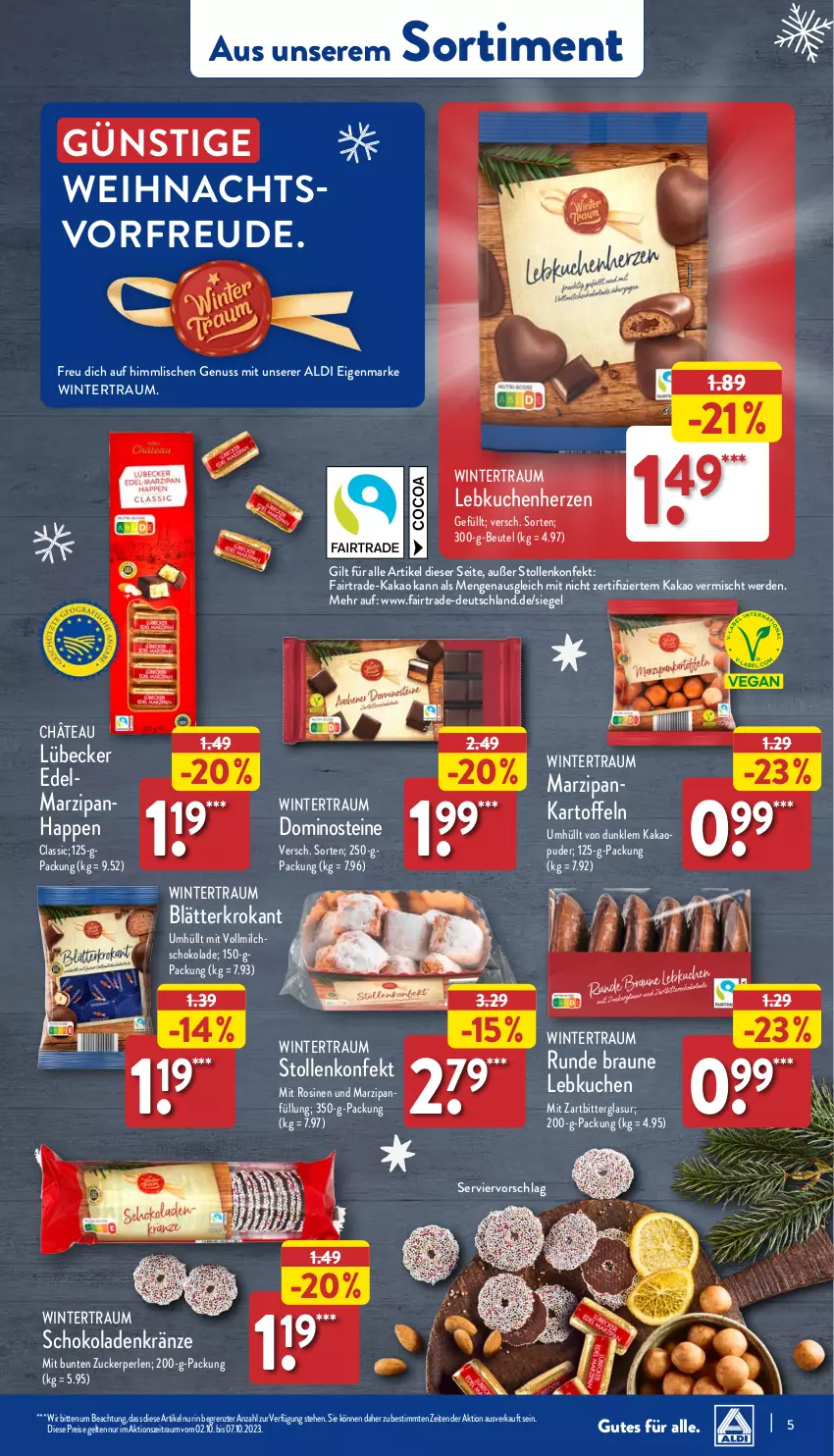 Aktueller Prospekt Aldi Nord - Von Montag - von 02.10 bis 07.10.2023 - strona 5 - produkty: aldi, beutel, braun, Dominosteine, eis, erde, kakao, kartoffel, kartoffeln, kuchen, Lebkuchen, Lübecker, marzipan, milch, nuss, perlen, reis, schoko, schokolade, schokoladen, Stollen, Ti, vollmilch, ZTE, zucker