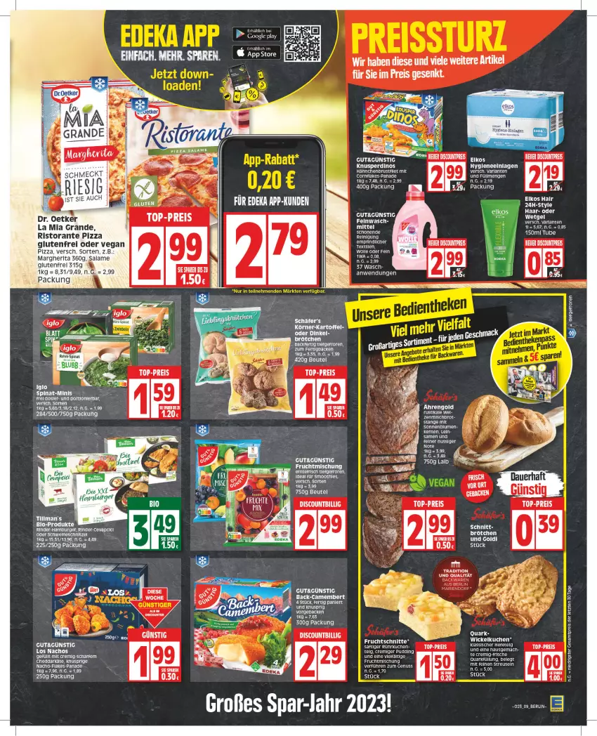 Aktueller Prospekt Edeka - Angebote der Woche - von 05.06 bis 10.06.2023 - strona 9 - produkty: arla, beutel, blume, blumen, brot, brötchen, burger, camembert, cheddar, discount, Dr. Oetker, eis, elkos, elle, flakes, frucht, Fruchtschnitte, geback, hähnchenbrust, hamburger, Hefe, iglo, kartoffel, Käse, kuchen, LG, mac, margherita, nacho, Nachos, nuss, pizza, pizza salame, pudding, quark, rahm-spinat, Reinigung, reis, rind, rinder, ristorante, ristorante pizza, saft, schnitzel, sonnenblume, sonnenblumen, spinat, Ti, top-preis, wolle, ZTE