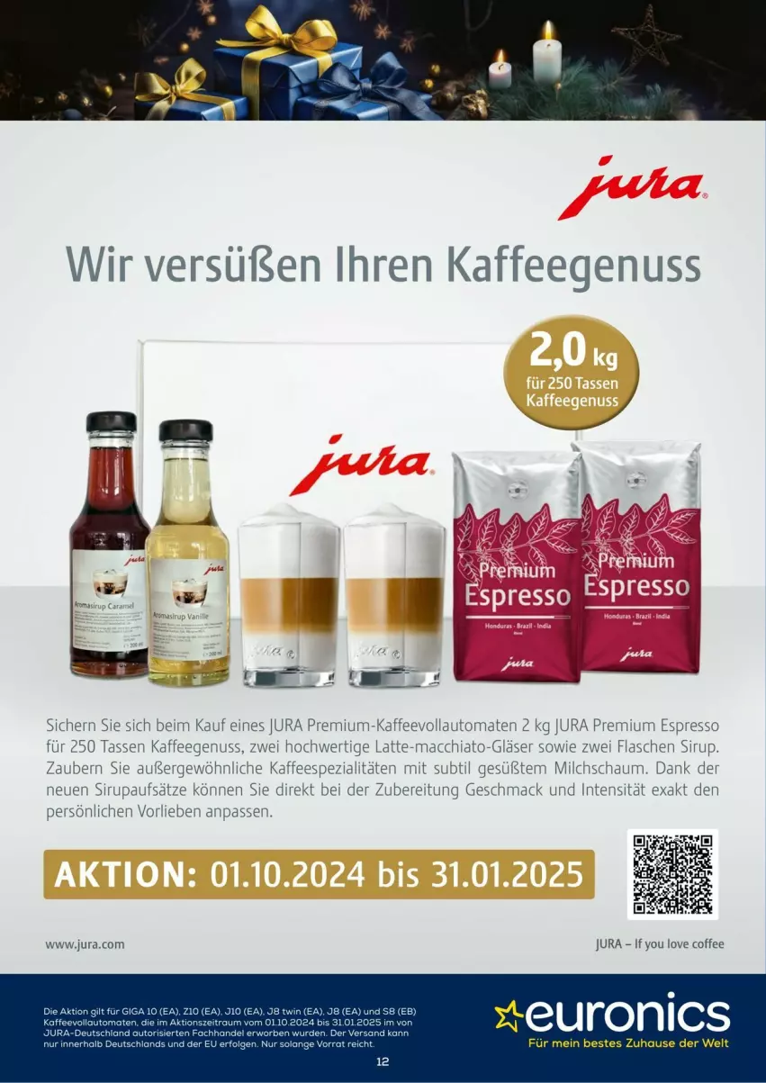 Aktueller Prospekt Euronics - Prospekte - von 03.12 bis 31.12.2024 - strona 12 - produkty: ACC, auto, chia, espresso, flasche, Gläser, Jura, kaffee, kaffeegenuss, kaffeespezialitäten, kaffeevollautomat, kaffeevollautomaten, latte, mac, macchiato, milch, nuss, rel, sirup, Spezi, tasse, Ti, tomate, tomaten, vollautomaten, Yo