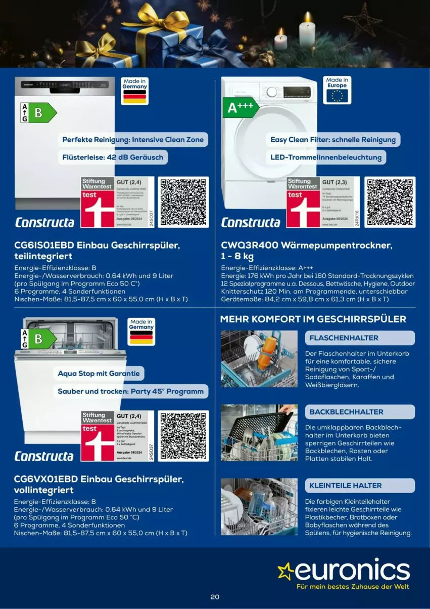 Aktueller Prospekt Euronics - Prospekte - von 03.12 bis 31.12.2024 - strona 20 - produkty: alpro, asti, Bau, Becher, beleuchtung, bett, bettwäsche, bier, brot, Constructa, eis, elle, flasche, geschirr, geschirrspüler, Gläser, Karaffe, korb, latte, LG, Rauch, Reinigung, Soda, Spezi, Sport, Spülen, Ti, Trockner, trommel, wärmepumpentrockner, wasser