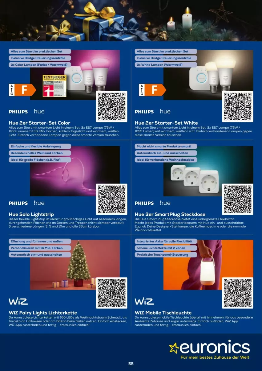 Aktueller Prospekt Euronics - Prospekte - von 03.12 bis 31.12.2024 - strona 55 - produkty: auto, Bau, decke, elle, ente, fairy, grill, HP, kaffee, kaffeemaschine, Kette, Lampe, latte, leds, Leuchte, lichterkette, mac, Persona, Philips, ring, rwe, Schal, Schmuck, steckdose, Stehlampe, tee, Ti, tisch, tischleuchte, Weihnachtsbaum, ZTE