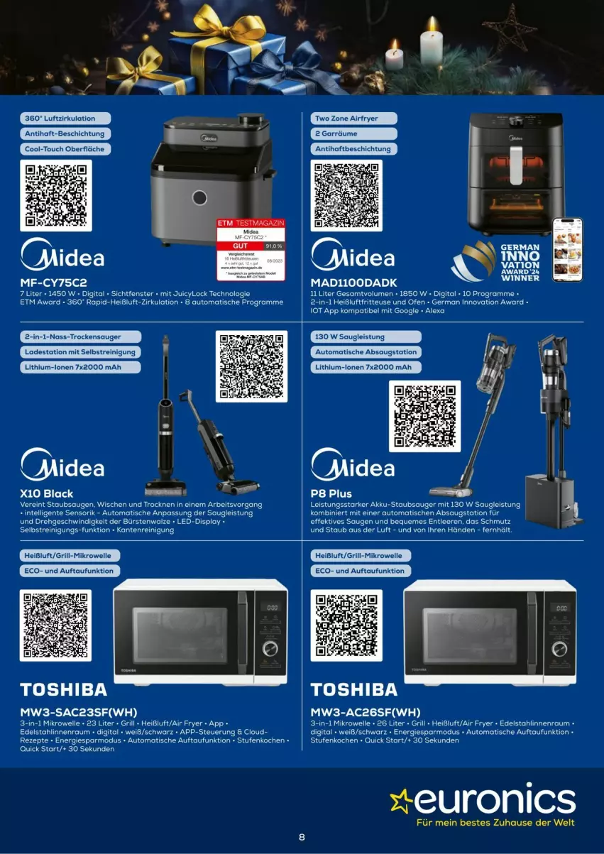 Aktueller Prospekt Euronics - Prospekte - von 03.12 bis 31.12.2024 - strona 8 - produkty: alexa, auto, bürste, bürsten, edelstahl, eis, elle, fritteuse, Germ, grill, Heißluftfritteuse, lack, mikrowelle, Ofen, Reinigung, sac, tee, Ti, tisch, toshiba, Trockensauger