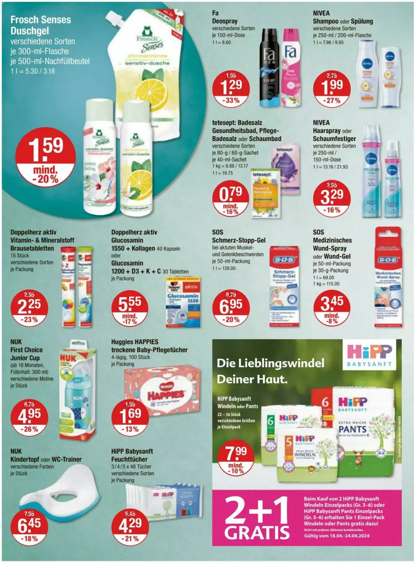 Aktueller Prospekt Vmarkt - Prospekte - von 18.04 bis 24.04.2024 - strona 10 - produkty: Bad, brause, Brausetabletten, deo, deospray, doppelherz, feuchttücher, flasche, Gesundheit, Glucosamin, gsw, haarspray, hipp, Huggies, Kinder, Kollagen, nivea, nuk, Pants, sac, salz, schaumbad, schaumfestiger, shampoo, shampoo oder spülung, spülung, tablet, tablett, Tablette, Ti, topf, tücher, vita, windeln, windeln oder pants