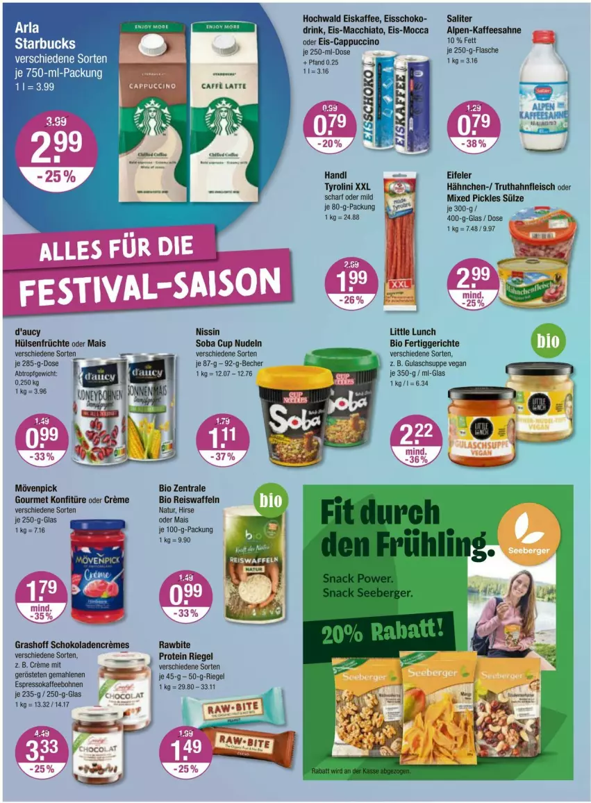 Aktueller Prospekt Vmarkt - Prospekte - von 18.04 bis 24.04.2024 - strona 12 - produkty: ACC, arla, Becher, bier, bio, bohne, bohnen, Cap, cappuccino, chia, cin, creme, drink, eis, eiskaffee, eiswaffeln, espresso, fertiggericht, fertiggerichte, flasche, fleisch, früchte, gulasch, Gulaschsuppe, hochwald, hülsenfrüchte, kaffee, kaffeebohnen, konfitüre, mac, macchiato, mais, Mixed Pickles, mövenpick, natur, Nissin, nudel, nudeln, reis, Reiswaffeln, riegel, sahne, saliter, schoko, schokolade, schokoladen, senf, suppe, Ti, truthahn, waffeln