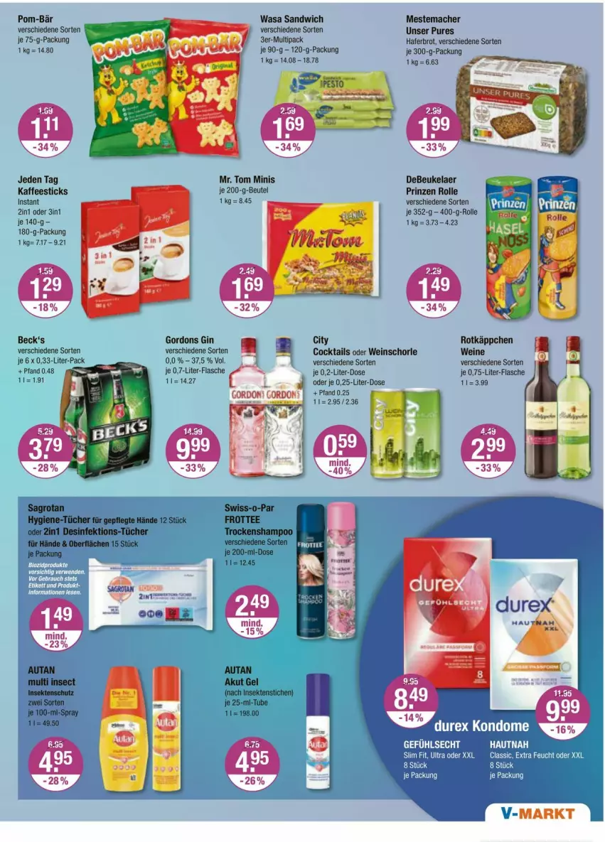 Aktueller Prospekt Vmarkt - Prospekte - von 18.04 bis 24.04.2024 - strona 13 - produkty: Autan, beck's, beutel, brot, cocktail, cocktails, debeukelaer, Desinfektion, Durex, flasche, gin, gordon, gordons, hafer, insektenschutz, kaffee, mac, mestemacher, pom-bär, prinzen rolle, rotkäppchen, sagrotan, sandwich, schorle, sekt, shampoo, Swiss-o-Par, tee, Ti, Trockenshampoo, tücher, wasa, wein, weine, weinschorle