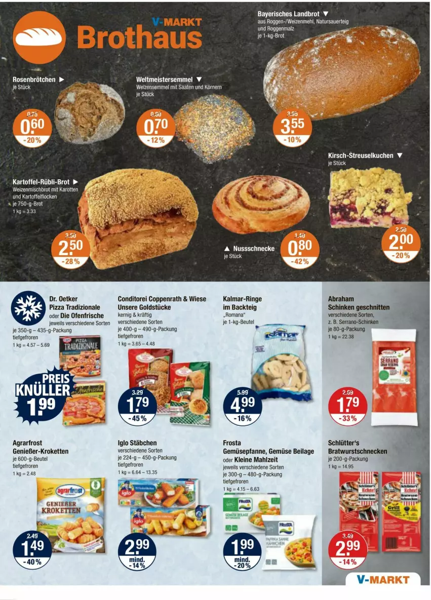 Aktueller Prospekt Vmarkt - Prospekte - von 18.04 bis 24.04.2024 - strona 5 - produkty: agrarfrost, auer, beutel, bratwurst, brot, brötchen, coppenrath, die ofenfrische, Dr. Oetker, eier, eis, frosta, Goldstücke, iglo, ilag, kartoffel, Kette, kirsch, Kroketten, kuchen, leine, malz, mehl, Meister, natur, Ofen, pfanne, pizza, pizza tradizionale, ring, rosen, schinken, schnitten, Semmel, serrano, Streuselkuchen, Ti, tradizionale, weizenmehl, Weizensemmel, wurst