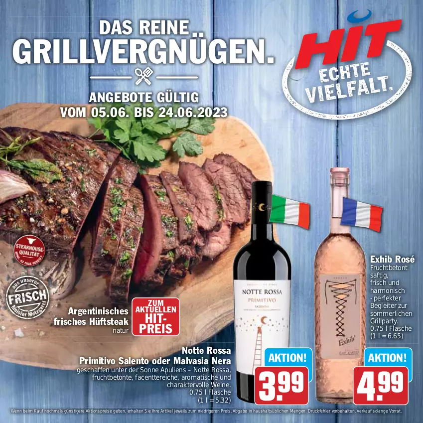 Aktueller Prospekt Hit - Prospekte - von 05.06 bis 24.06.2023 - strona 1 - produkty: aktionspreis, angebot, angebote, eis, elle, flasche, frucht, grill, hüftsteak, merl, natur, primitivo, reis, saft, steak, Ti, tisch, wein, weine